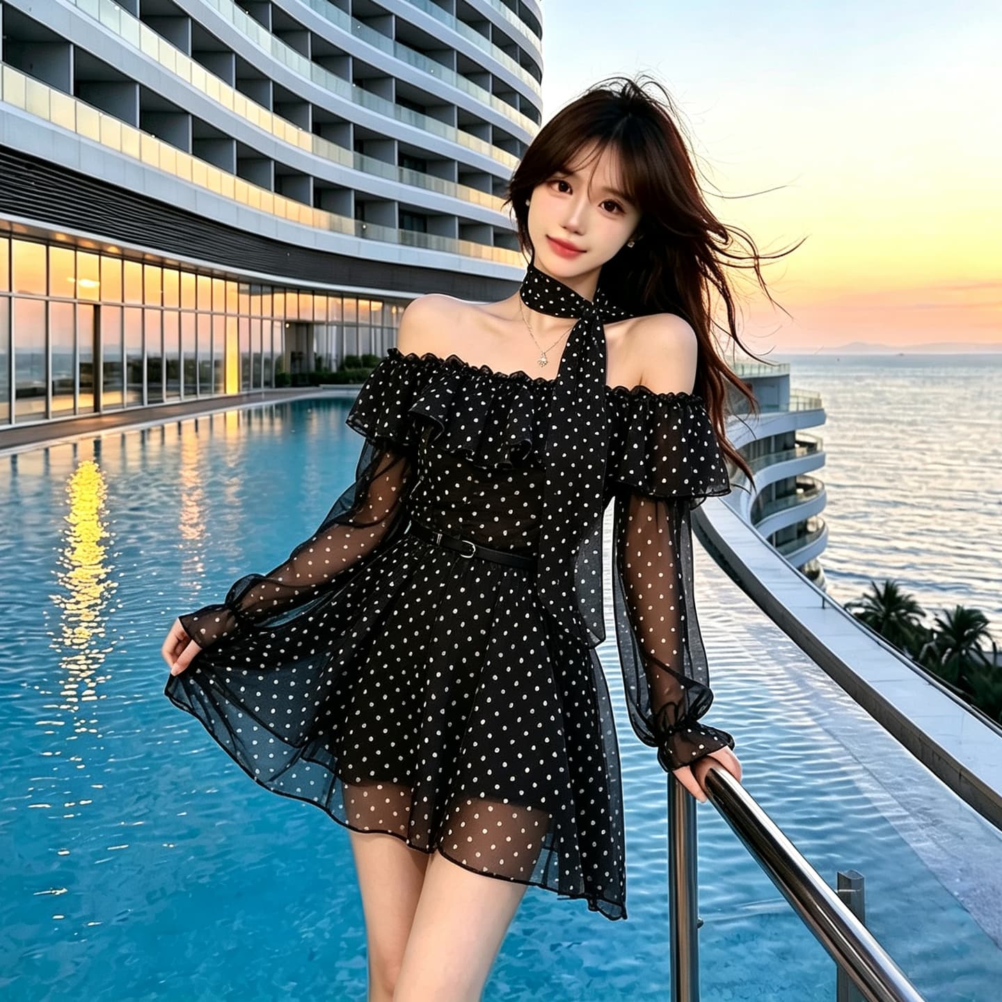 정가 섹시함 순수한 욕망 핫걸 휴가 바람 오프숄더 레오파드 무늬 쉬폰 블라우스 긴팔 맨위 루즈핏 프릴 미니 스커트 상세 이미지 8