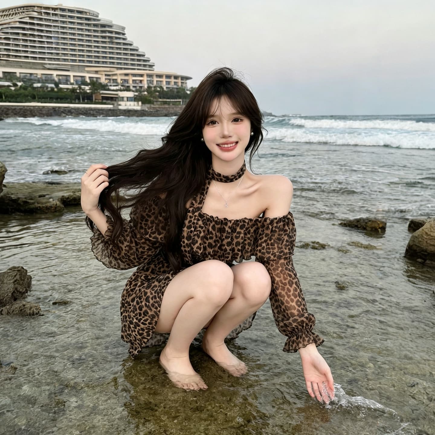 정가 섹시함 순수한 욕망 핫걸 휴가 바람 오프숄더 레오파드 무늬 쉬폰 블라우스 긴팔 맨위 루즈핏 프릴 미니 스커트 상세 이미지 11