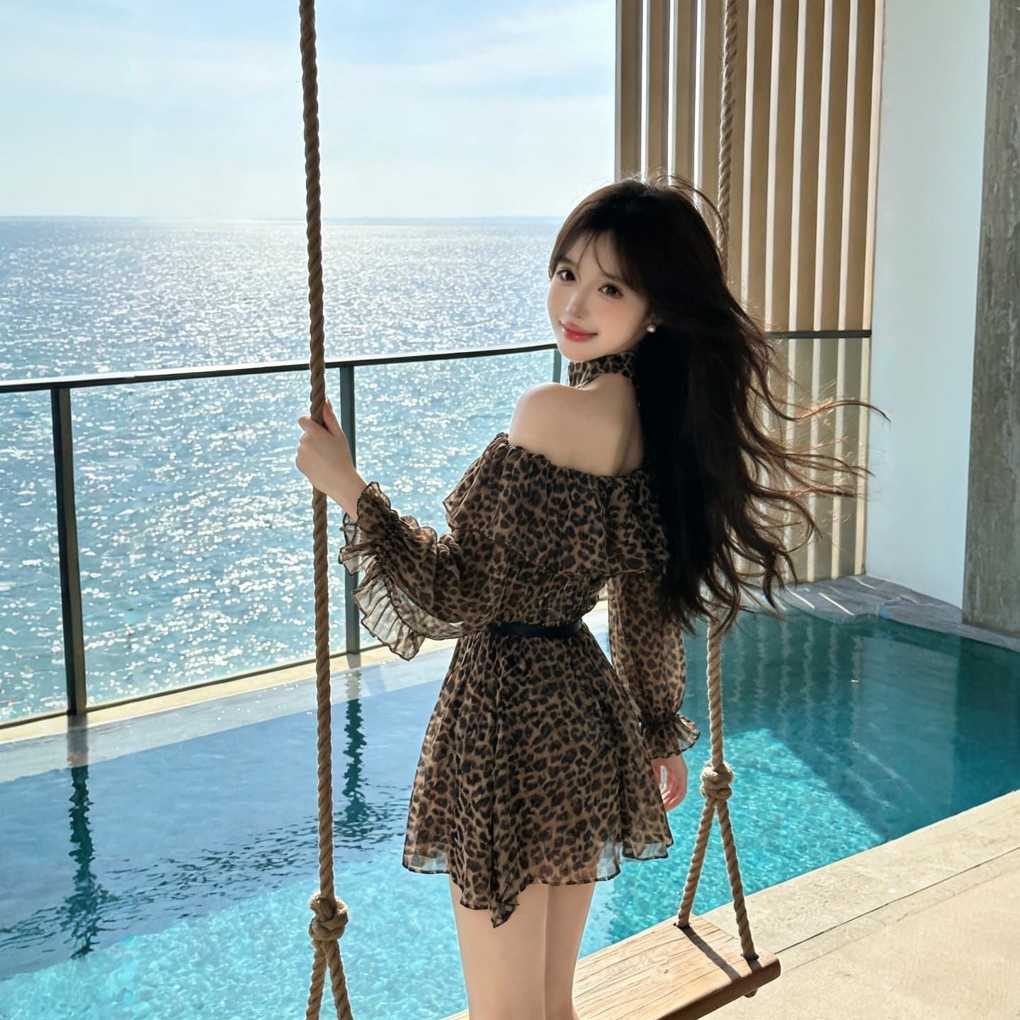 정가 섹시함 순수한 욕망 핫걸 휴가 바람 오프숄더 레오파드 무늬 쉬폰 블라우스 긴팔 맨위 루즈핏 프릴 미니 스커트 상세 이미지 12