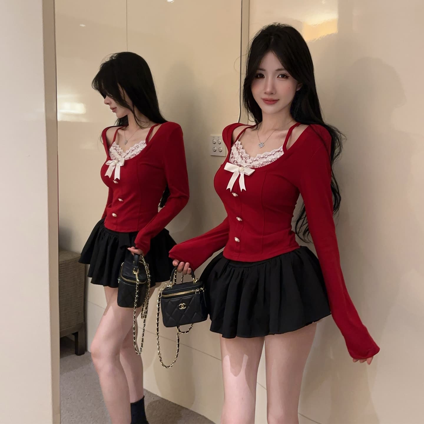 정가 섹시함 레트로 핫걸 V넥 측면 나비 매듭 긴팔 티셔츠 페이크 레이어드 레이스 꽃 슬립 만나는 맨위 상세 이미지 6