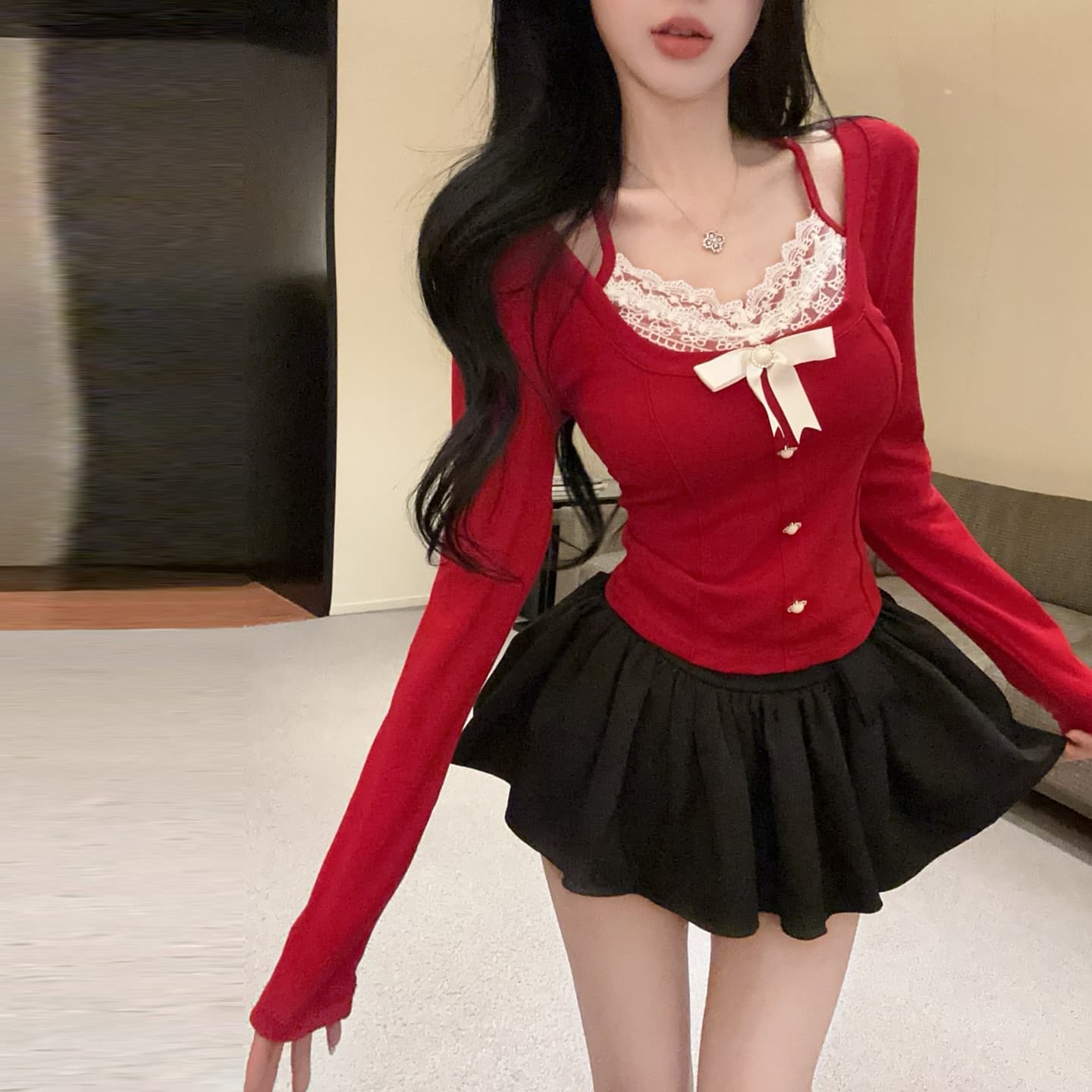 정가 섹시함 레트로 핫걸 V넥 측면 나비 매듭 긴팔 티셔츠 페이크 레이어드 레이스 꽃 슬립 만나는 맨위 상세 이미지 12