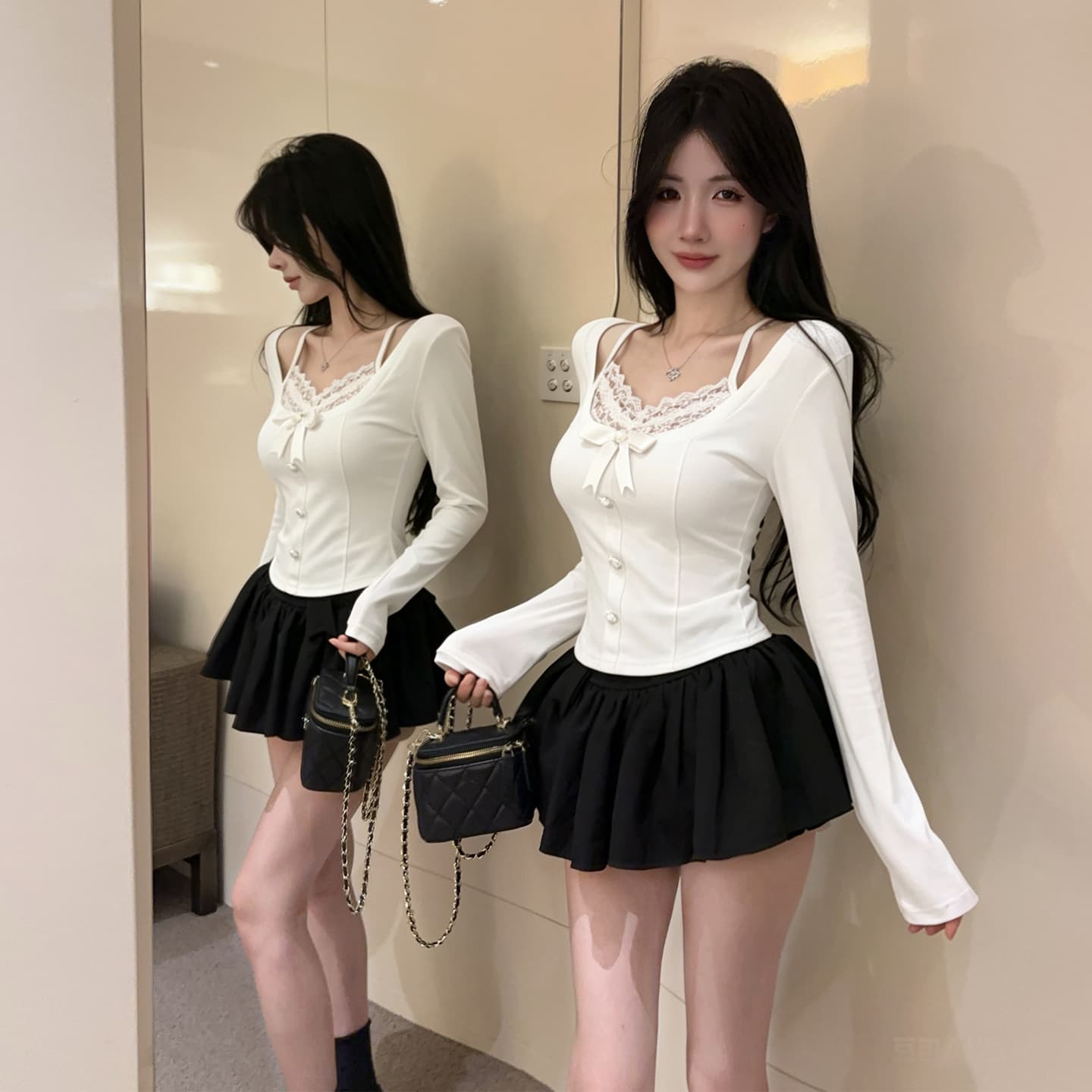 정가 섹시함 레트로 핫걸 V넥 측면 나비 매듭 긴팔 티셔츠 페이크 레이어드 레이스 꽃 슬립 만나는 맨위 상세 이미지 22