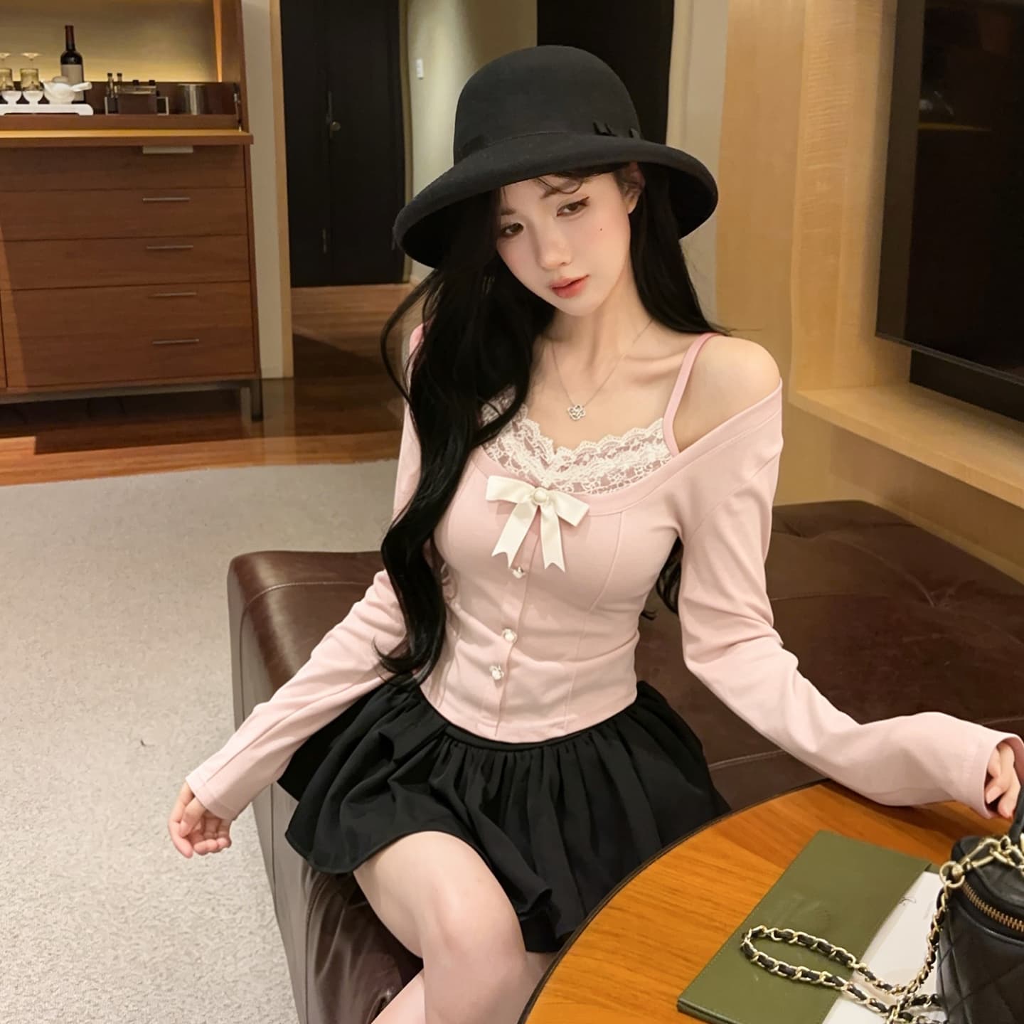 정가 섹시함 레트로 핫걸 V넥 측면 나비 매듭 긴팔 티셔츠 페이크 레이어드 레이스 꽃 슬립 만나는 맨위 상세 이미지 24