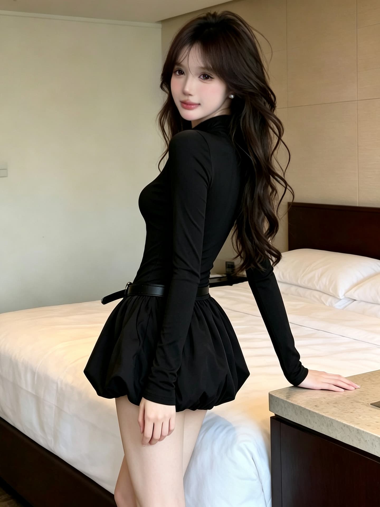 정가 섹시함 핫걸 반하이넥 긴팔 퍼프 스커트 디스플레이 다리 길이 꽃밭 미니 스커트 디스플레이 몸 허리 수축 드레스 이미지 3