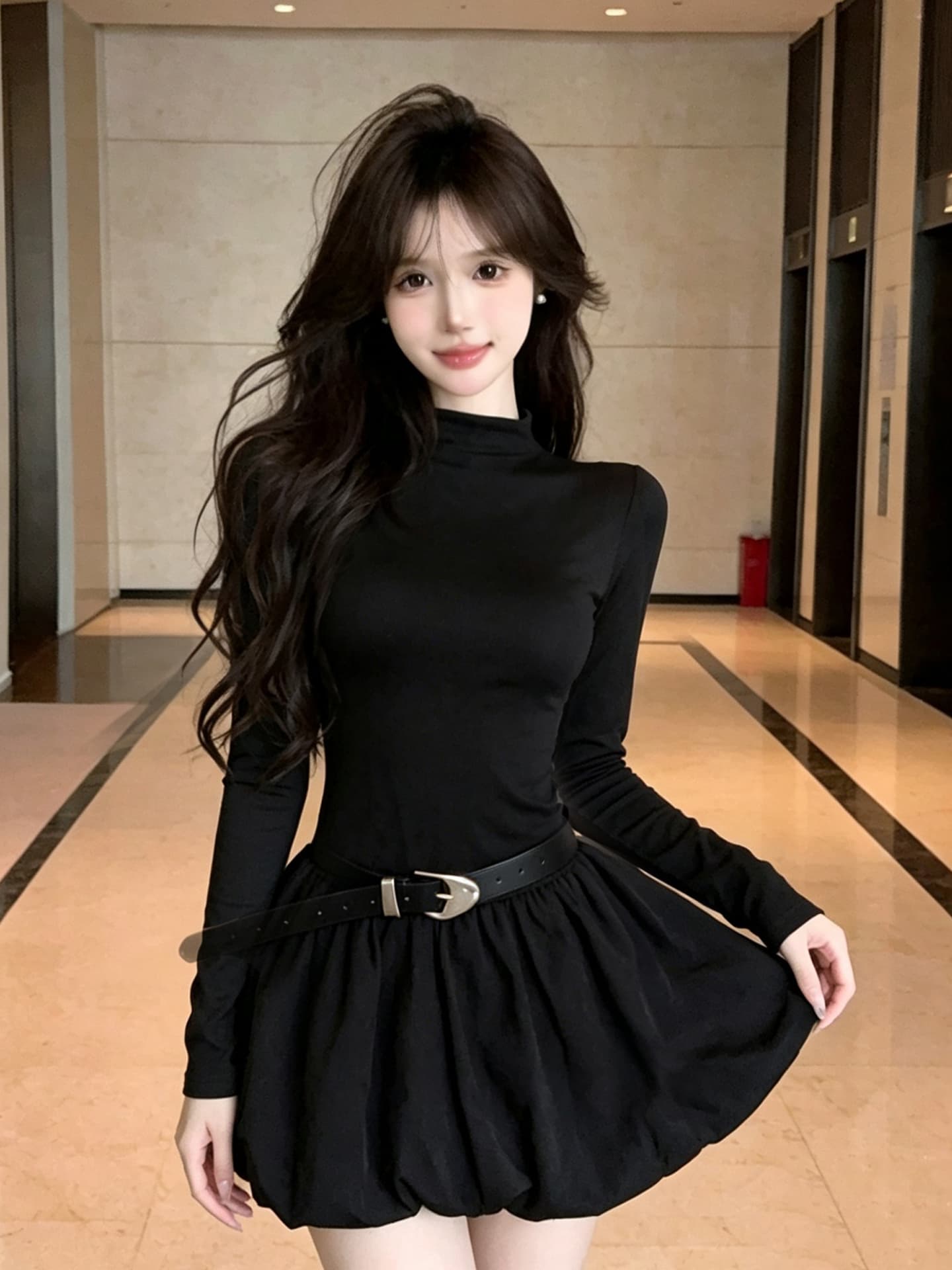 정가 섹시함 핫걸 반하이넥 긴팔 퍼프 스커트 디스플레이 다리 길이 꽃밭 미니 스커트 디스플레이 몸 허리 수축 드레스 이미지 2