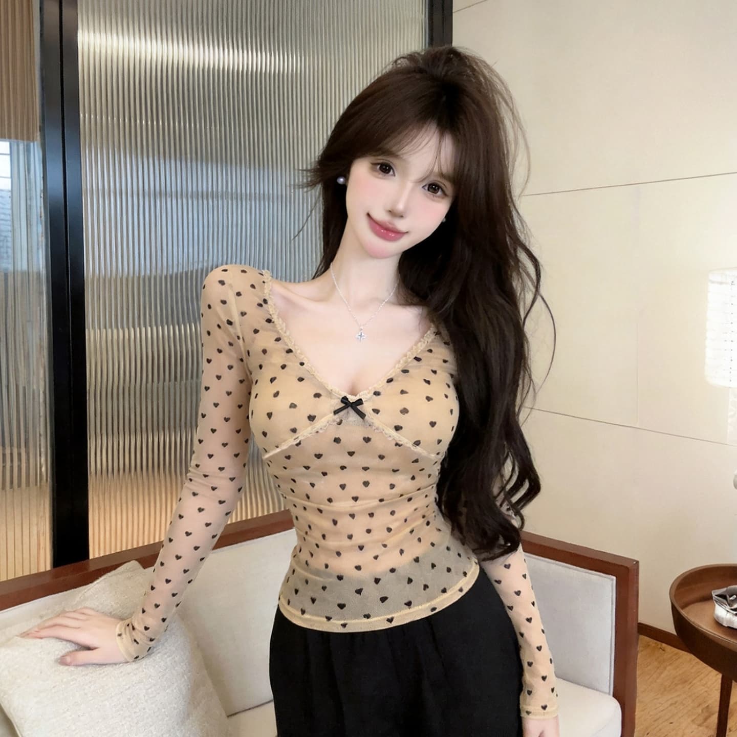 정가 섹시함 순수한 욕망 핫걸 레이스 레이스 V넥 긴팔 티셔츠 허리 수축 슬림해 보이는 기본 셔츠 망사 맨위 상세 이미지 15