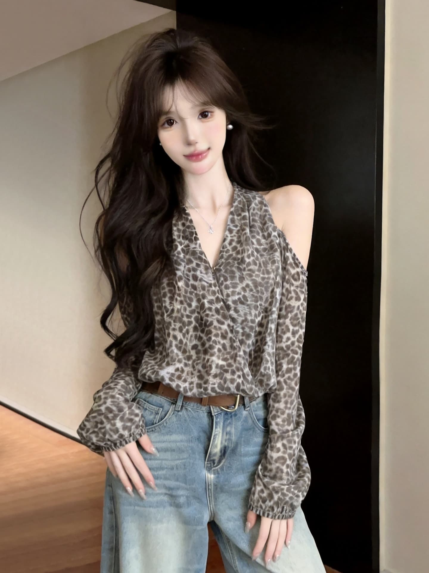 정가 섹시함 순수한 욕망 핫걸 홀로우 아웃 오프숄더 V넥 긴팔 레오파드 무늬 쉬폰 블라우스 티셔츠 벌룬 소매 허리 수축 맨위 이미지 5