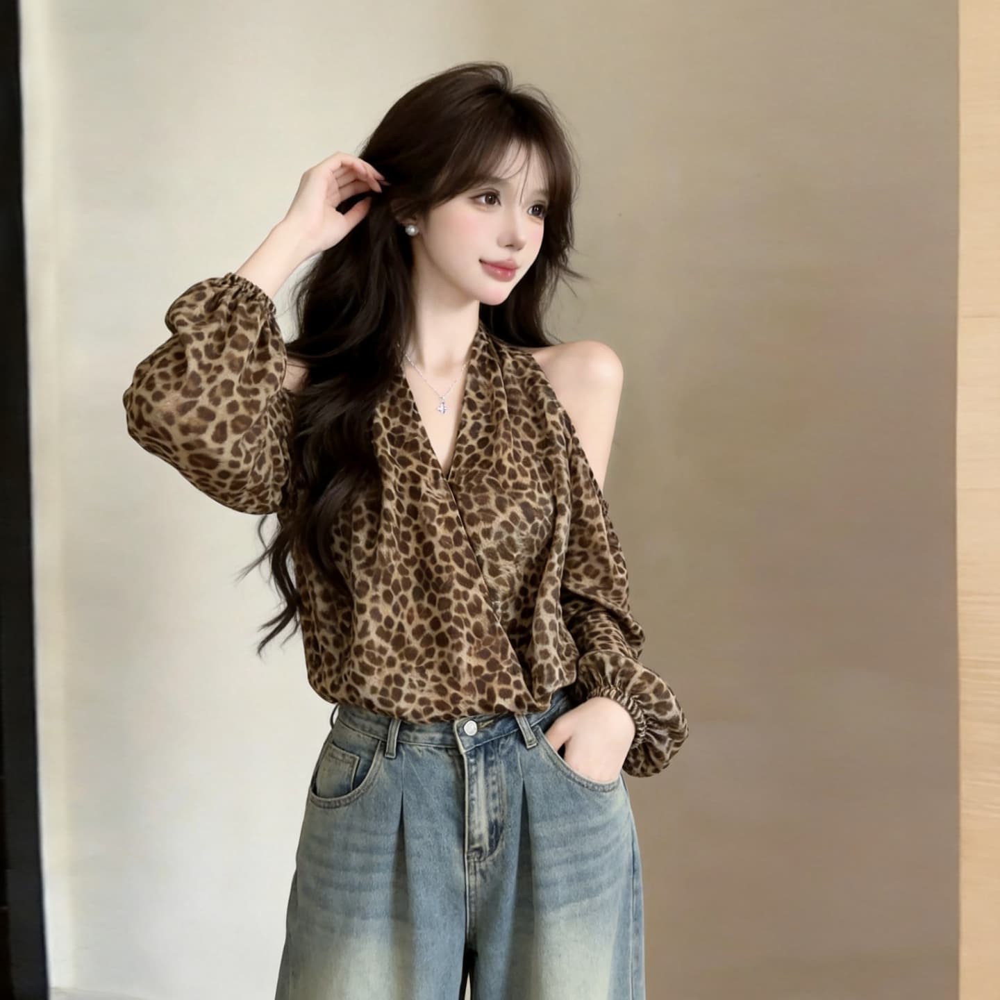 정가 섹시함 순수한 욕망 핫걸 홀로우 아웃 오프숄더 V넥 긴팔 레오파드 무늬 쉬폰 블라우스 티셔츠 벌룬 소매 허리 수축 맨위 상세 이미지 7