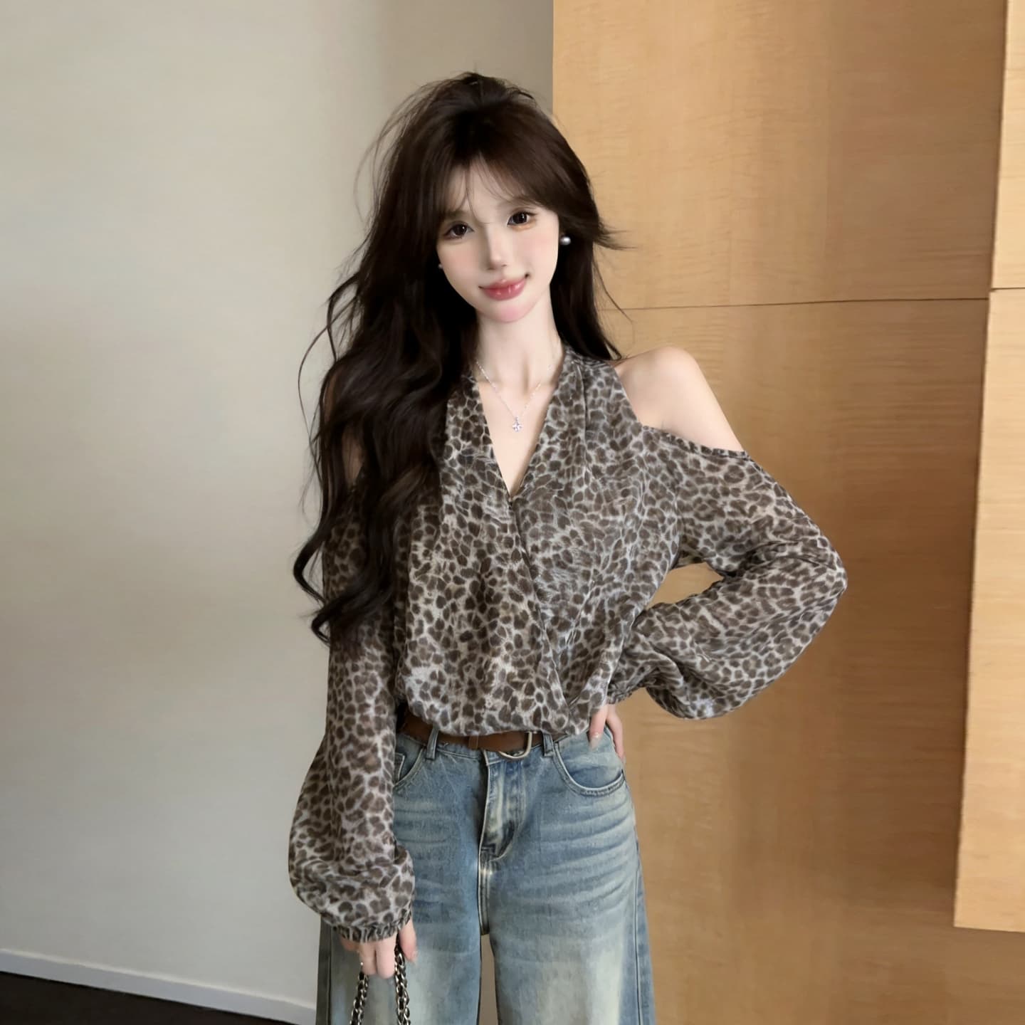 정가 섹시함 순수한 욕망 핫걸 홀로우 아웃 오프숄더 V넥 긴팔 레오파드 무늬 쉬폰 블라우스 티셔츠 벌룬 소매 허리 수축 맨위 상세 이미지 12