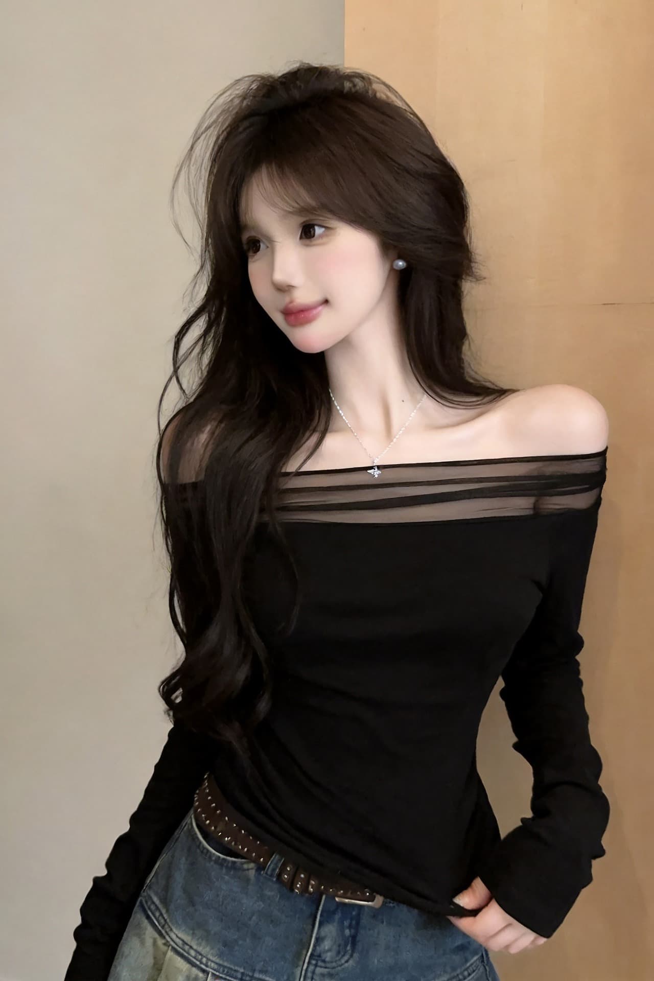 정가 섹시함 순수한 욕망 핫걸 보트넥 오프숄더 긴팔 티셔츠 허리 수축 디스플레이 몸 망사 패치워크 만나는 맨위 이미지 7