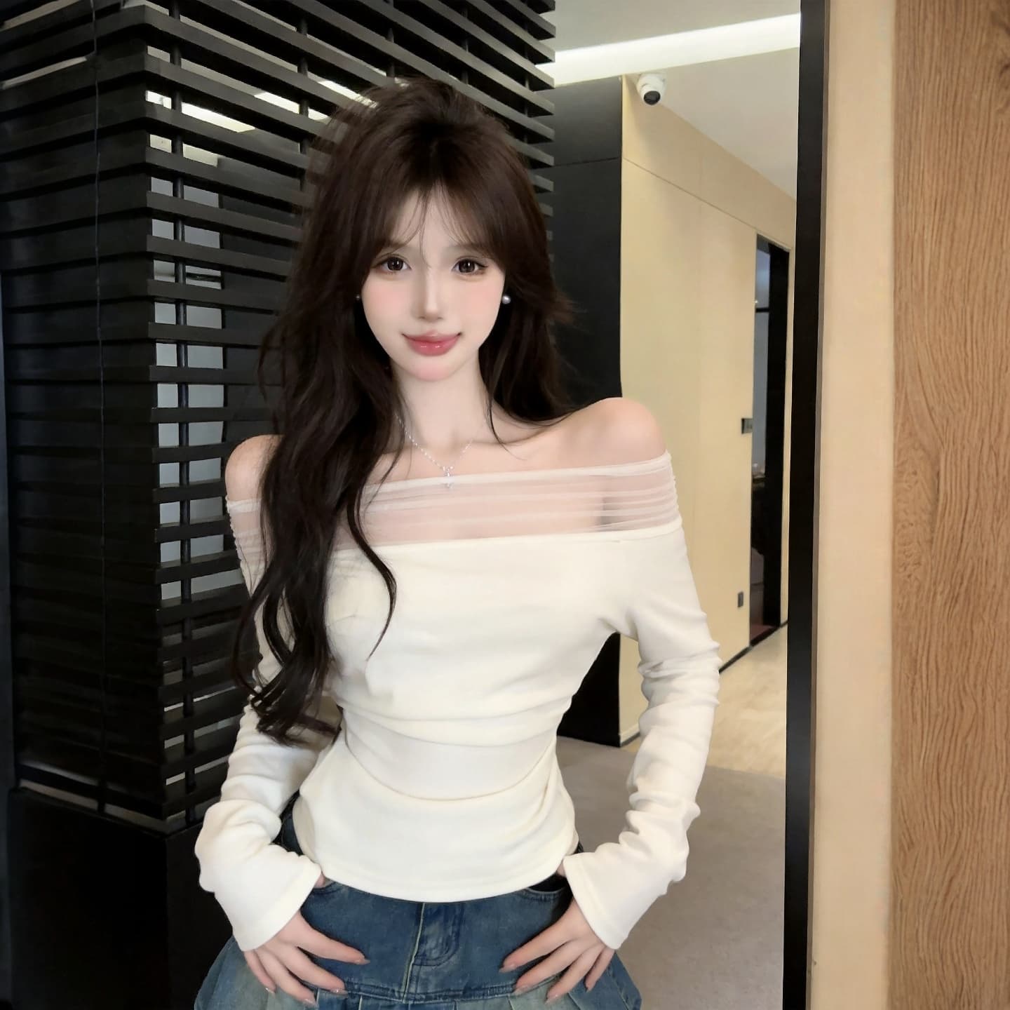 정가 섹시함 순수한 욕망 핫걸 보트넥 오프숄더 긴팔 티셔츠 허리 수축 디스플레이 몸 망사 패치워크 만나는 맨위 상세 이미지 2