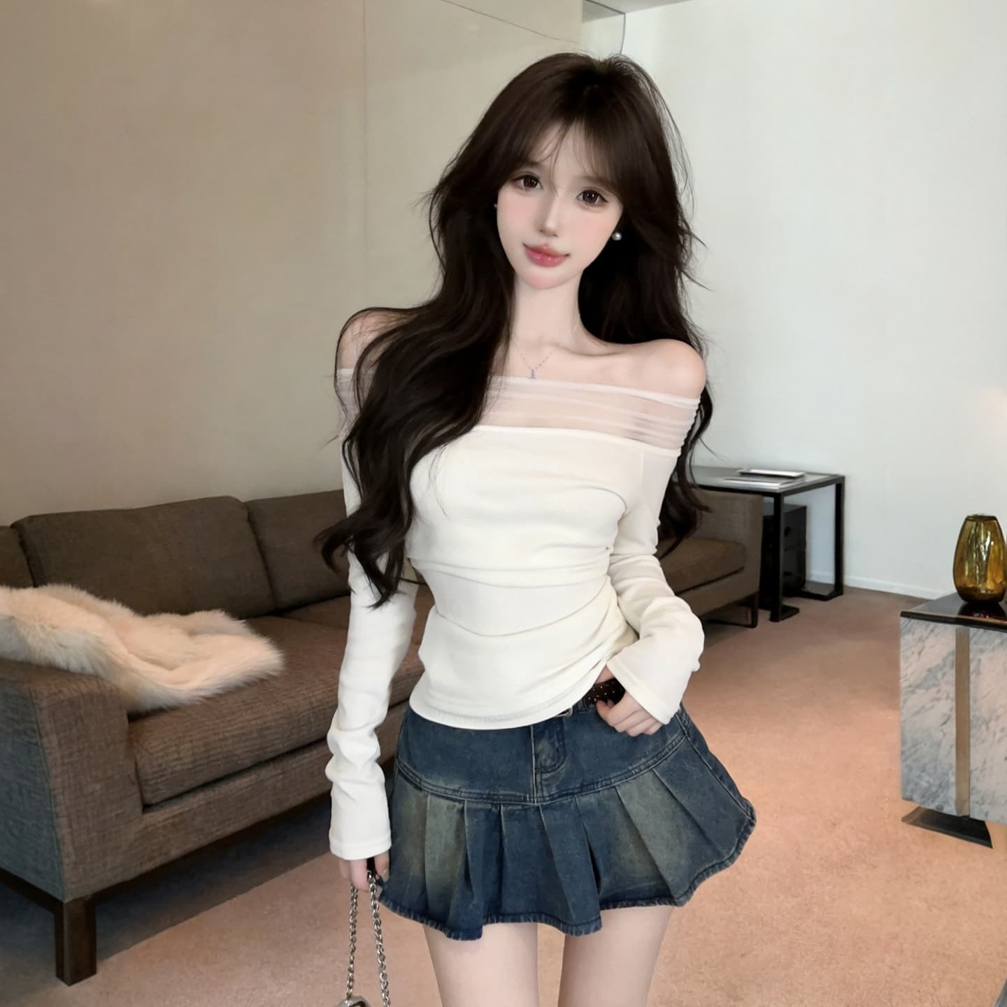 정가 섹시함 순수한 욕망 핫걸 보트넥 오프숄더 긴팔 티셔츠 허리 수축 디스플레이 몸 망사 패치워크 만나는 맨위 상세 이미지 8