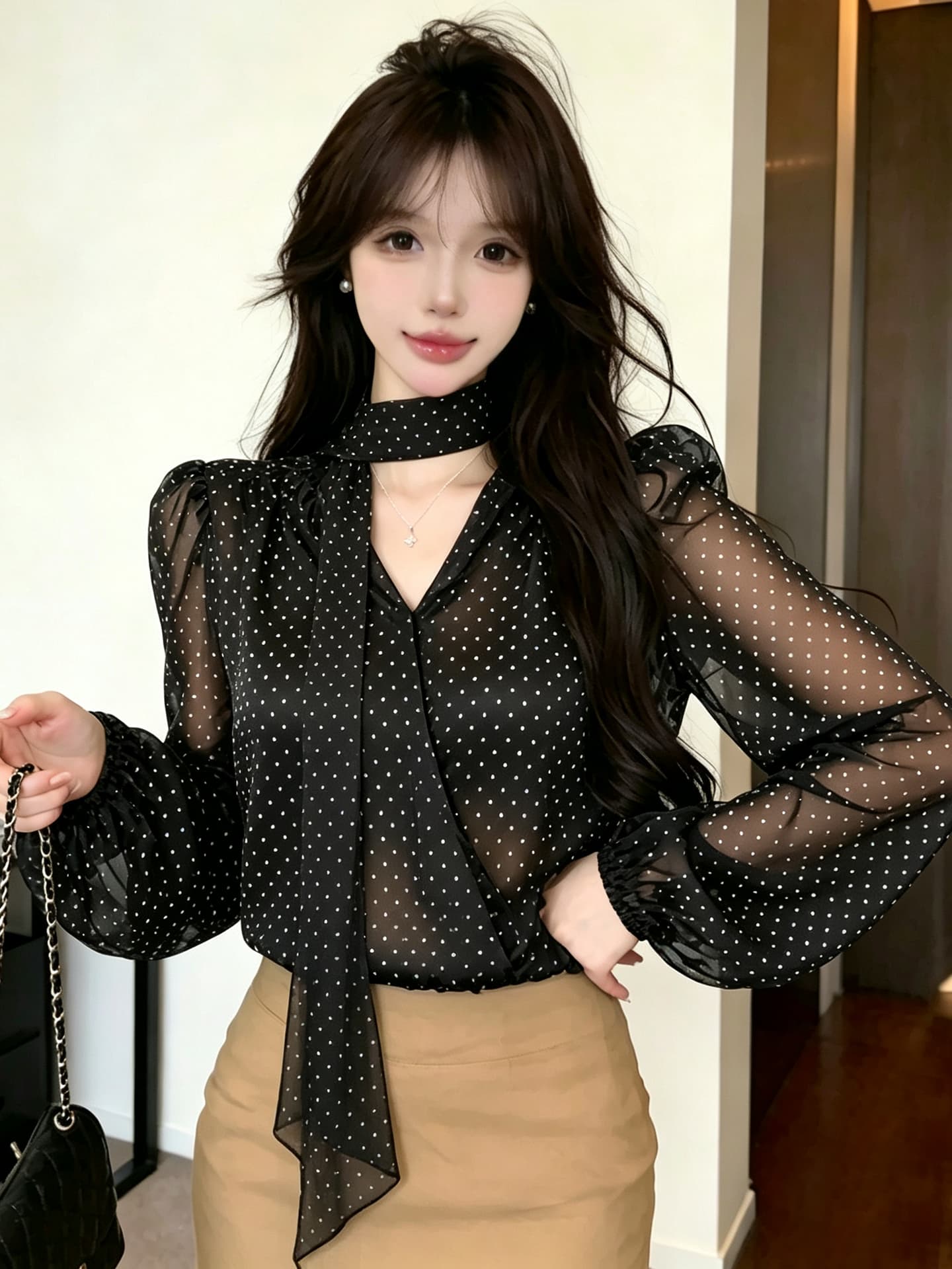 정가 섹시함 순수한 욕망 핫걸 V넥 행침 목 스트랩 긴팔 레오파드 무늬 셔츠 루즈핏 허리 수축 슬림해 보이는 도트 무늬 맨위 이미지 5