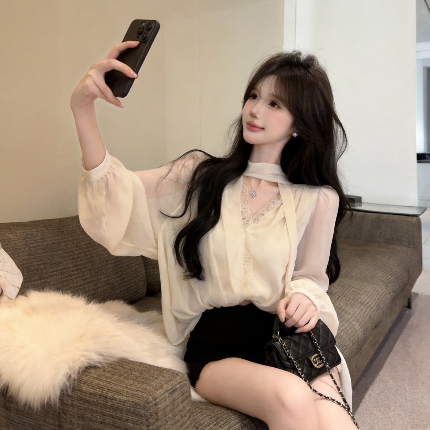 정가 섹시함 순수한 욕망 핫걸 휴가 바람 레이스 레이스 V넥 쉬폰 블라우스 거품 소매 허리 수축 박쥐 셔츠 맨위 상세 이미지 2