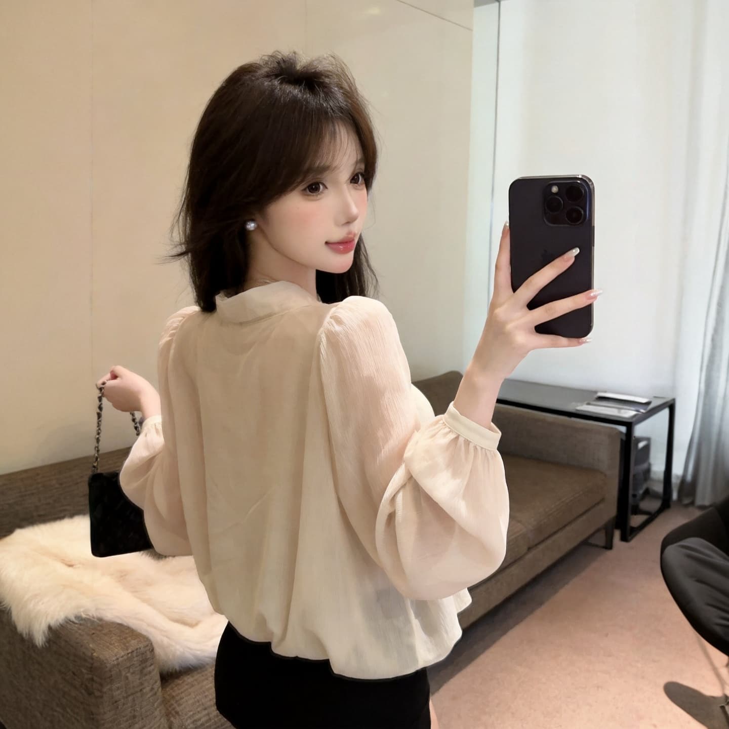 정가 섹시함 순수한 욕망 핫걸 휴가 바람 레이스 레이스 V넥 쉬폰 블라우스 거품 소매 허리 수축 박쥐 셔츠 맨위 상세 이미지 3