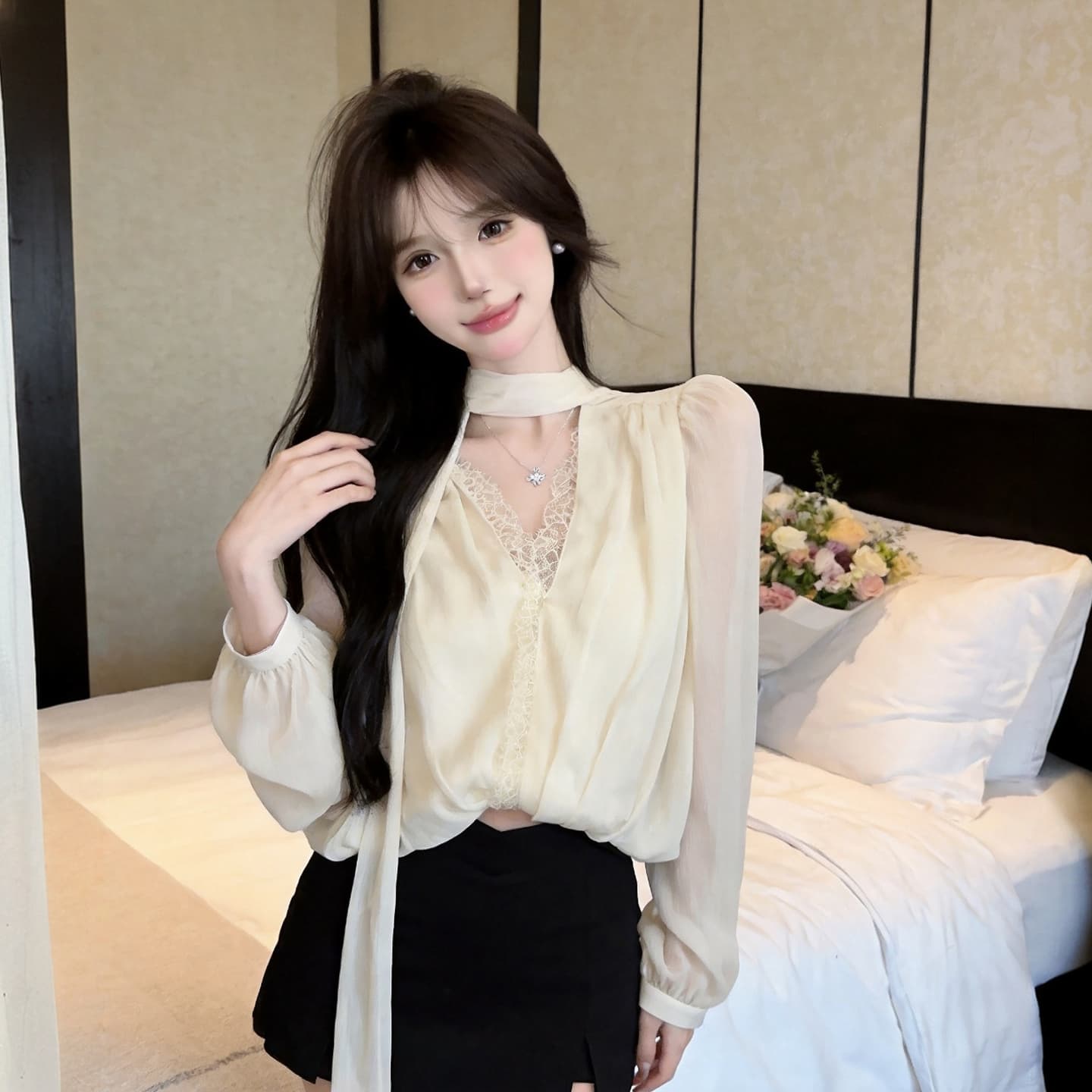 정가 섹시함 순수한 욕망 핫걸 휴가 바람 레이스 레이스 V넥 쉬폰 블라우스 거품 소매 허리 수축 박쥐 셔츠 맨위 상세 이미지 4