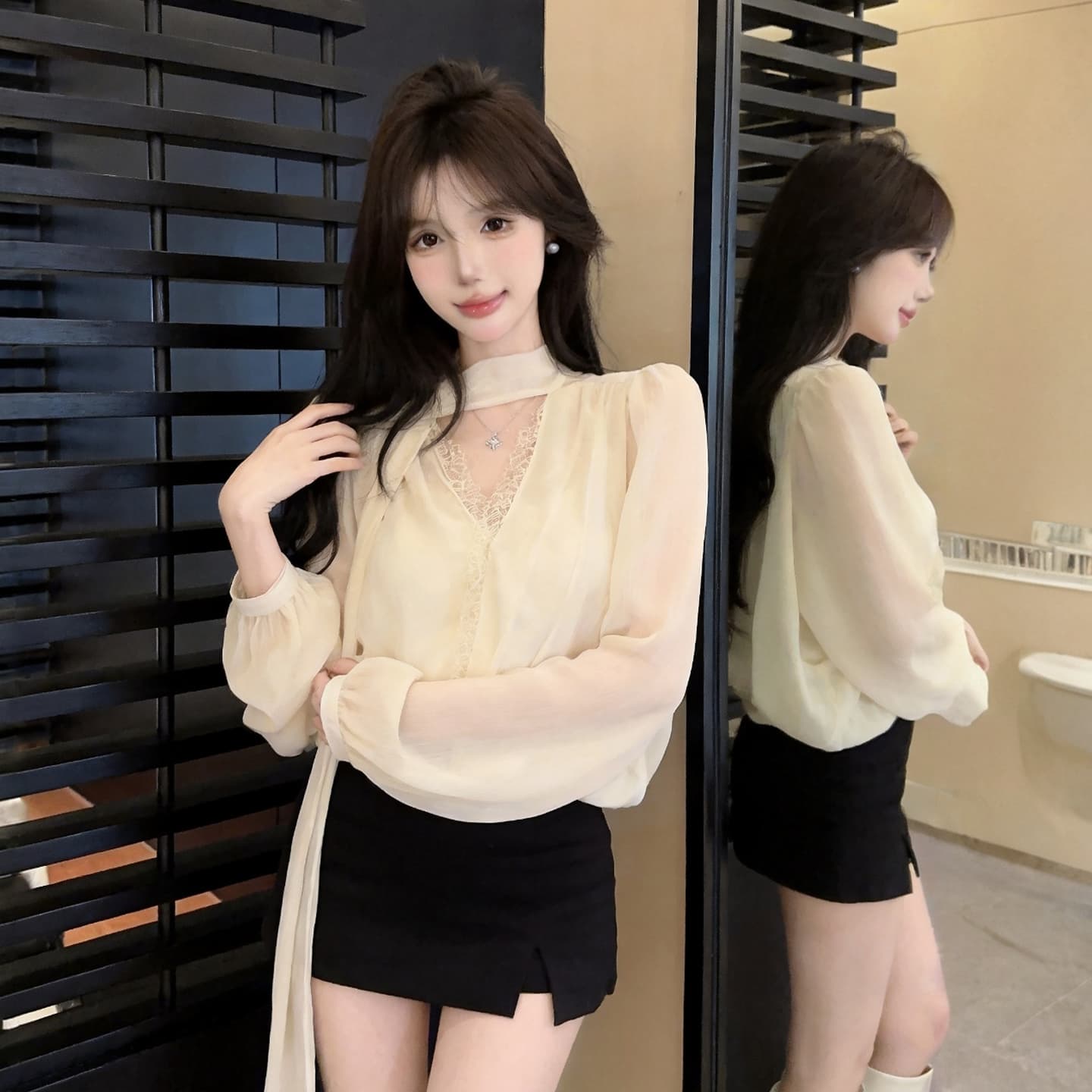 정가 섹시함 순수한 욕망 핫걸 휴가 바람 레이스 레이스 V넥 쉬폰 블라우스 거품 소매 허리 수축 박쥐 셔츠 맨위 상세 이미지 12