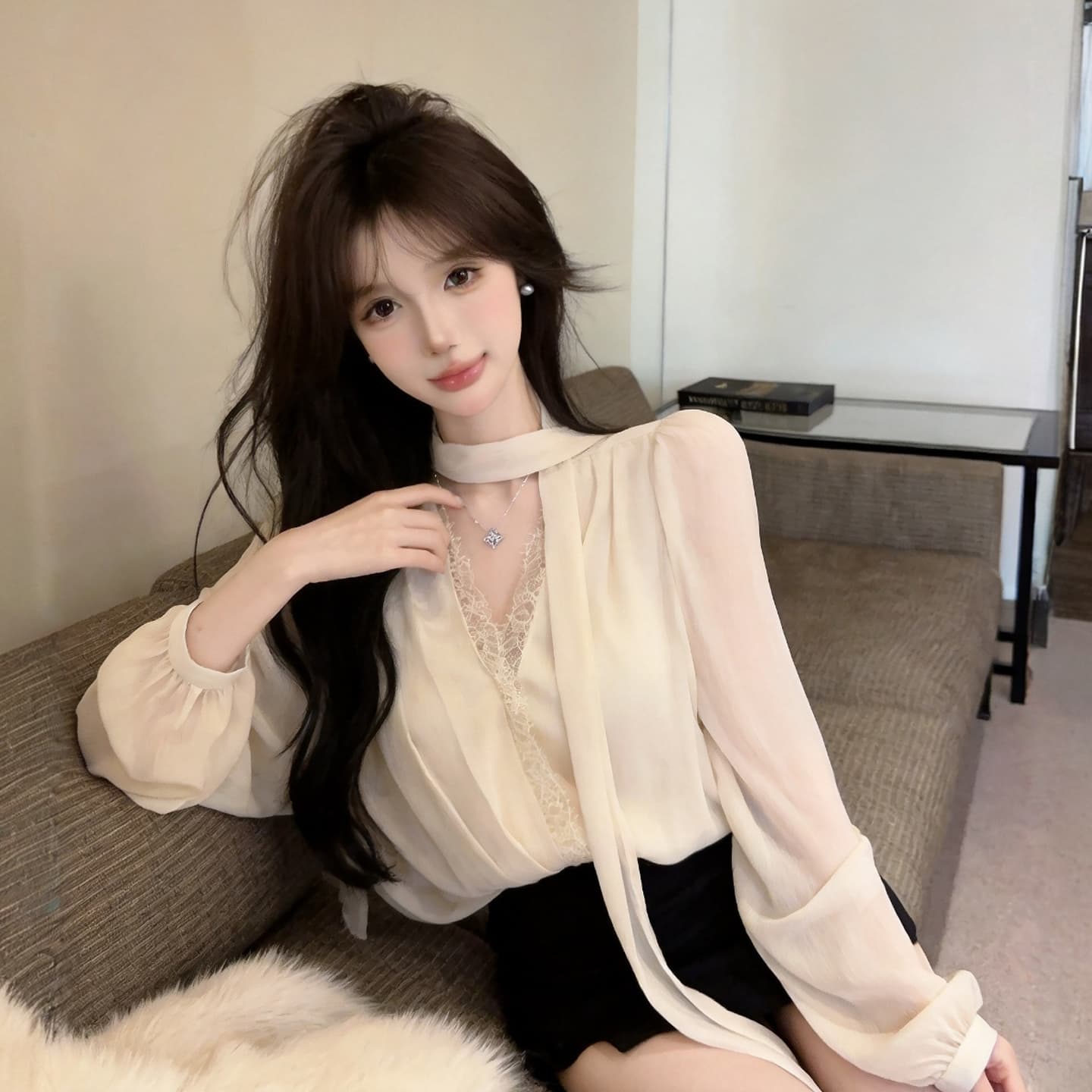 정가 섹시함 순수한 욕망 핫걸 휴가 바람 레이스 레이스 V넥 쉬폰 블라우스 거품 소매 허리 수축 박쥐 셔츠 맨위 상세 이미지 14