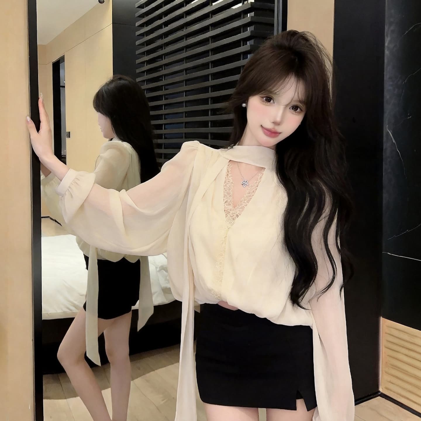 정가 섹시함 순수한 욕망 핫걸 휴가 바람 레이스 레이스 V넥 쉬폰 블라우스 거품 소매 허리 수축 박쥐 셔츠 맨위 상세 이미지 15