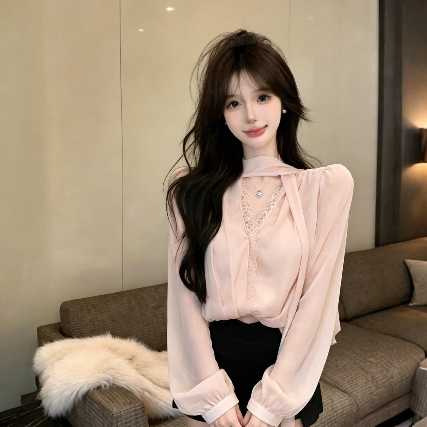 정가 섹시함 순수한 욕망 핫걸 휴가 바람 레이스 레이스 V넥 쉬폰 블라우스 거품 소매 허리 수축 박쥐 셔츠 맨위 상세 이미지 17