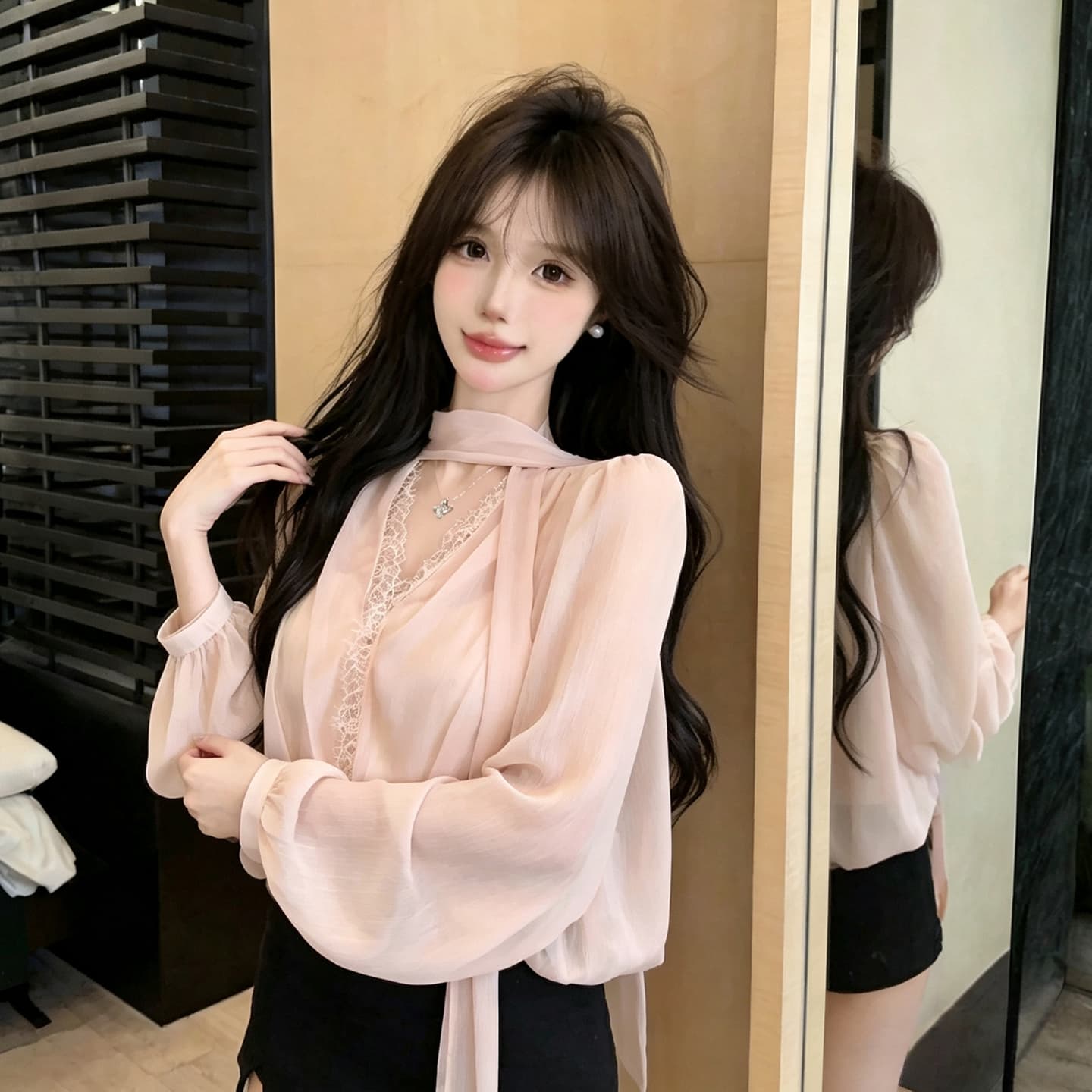 정가 섹시함 순수한 욕망 핫걸 휴가 바람 레이스 레이스 V넥 쉬폰 블라우스 거품 소매 허리 수축 박쥐 셔츠 맨위 상세 이미지 21