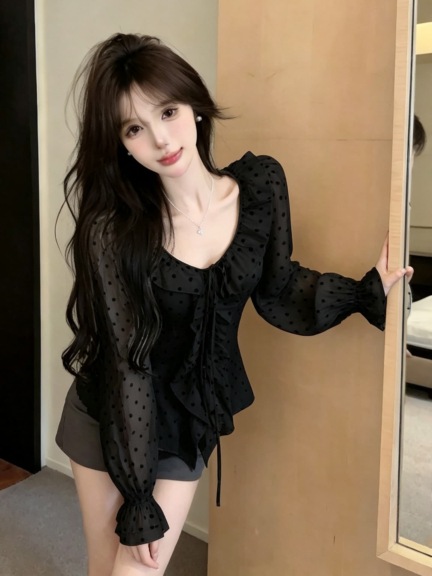 정가 느긋한 바람 프릴 V넥 레이스업 루즈핏 긴팔 셔츠 프랑스식 캐주얼 단추 오픈 가디건 도트 무늬 맨위 이미지 4