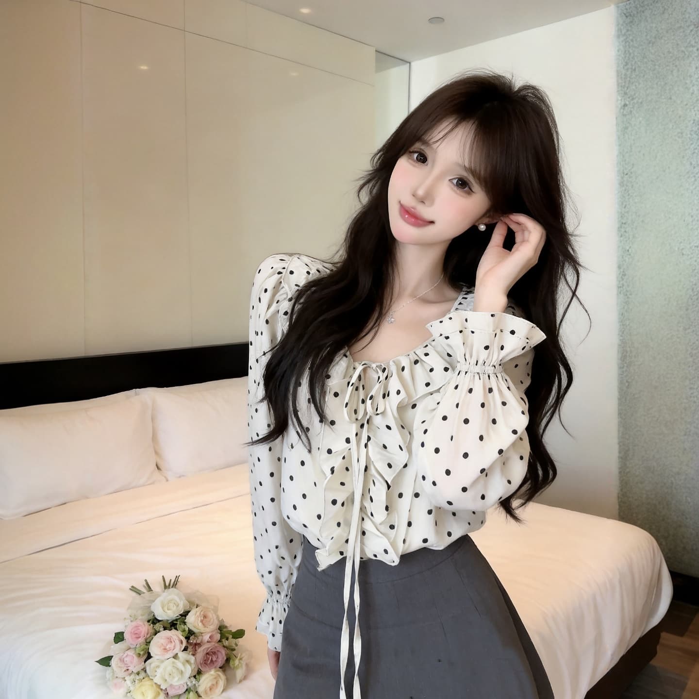 정가 느긋한 바람 프릴 V넥 레이스업 루즈핏 긴팔 셔츠 프랑스식 캐주얼 단추 오픈 가디건 도트 무늬 맨위 상세 이미지 12