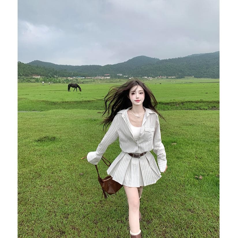 빅 사이즈 여성 의류 오래된 돈 바람 긴팔 스트라이프 셔츠 여성 드레스 봄 쇼트 스타일 다용도 이미지 3