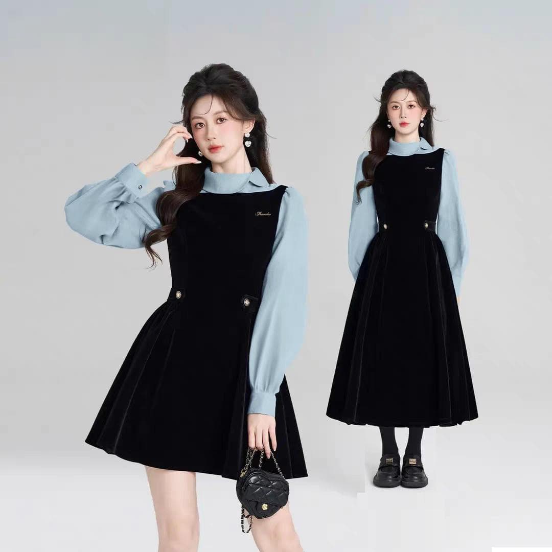빅 사이즈 여성 의류 프랑스식 명문 여성 봄 새로운 그는 벤 바람 슬림해 보이는 페이크 레이어드 드레스 상세 이미지 2