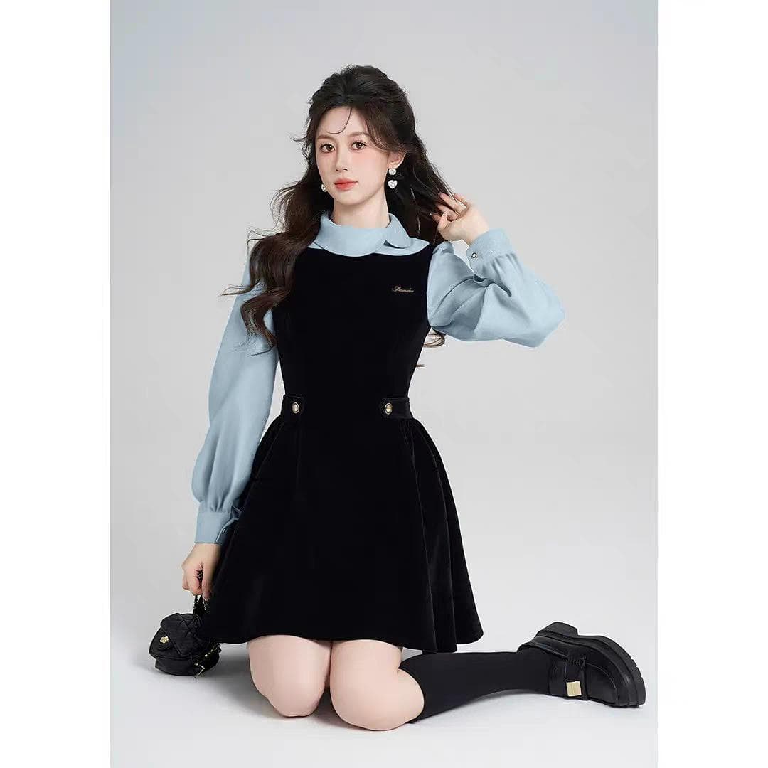 빅 사이즈 여성 의류 프랑스식 명문 여성 봄 새로운 그는 벤 바람 슬림해 보이는 페이크 레이어드 드레스 상세 이미지 3