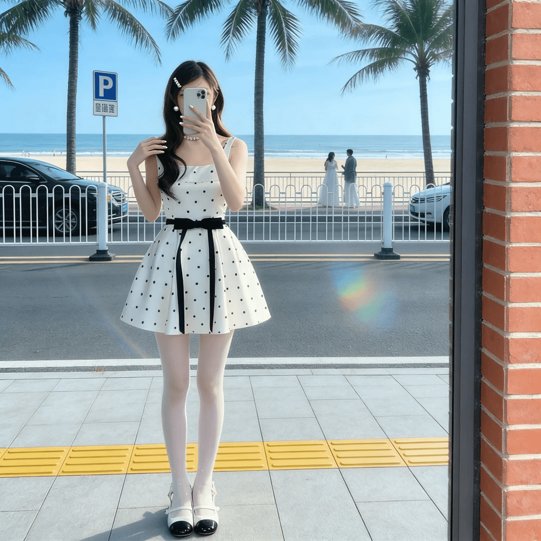빅 사이즈 여성 의류 프랑스식 레트로 도트 무늬 허리 수축 디자인 센스 우아함 한 마디 드레스 예복 상세 이미지 2
