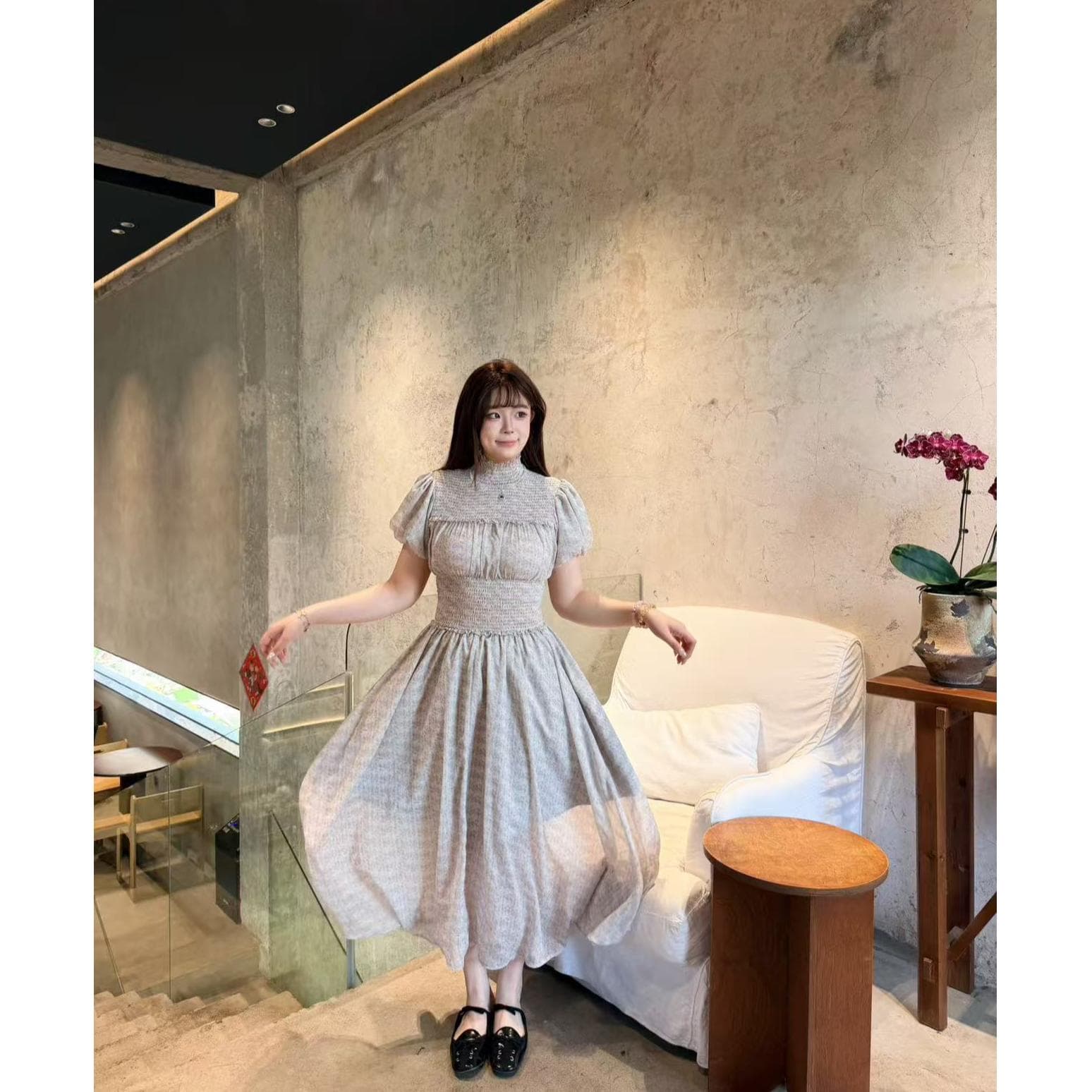 빅 사이즈 여성 의류 낭만주의 주름 허리 수축 드레스 작은 대중 디자인 명중 가져 가라. 치마 이미지 4