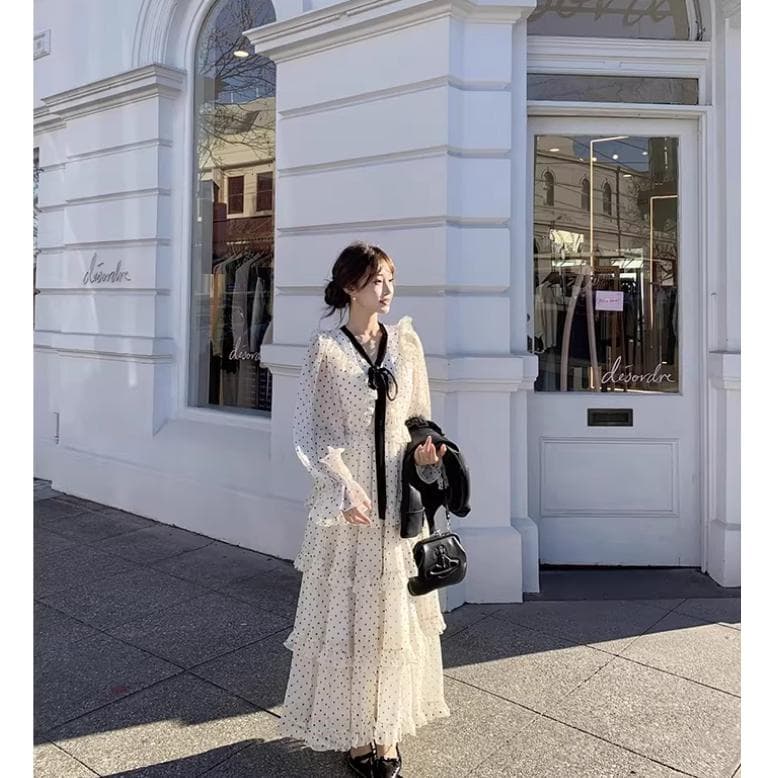 빅 사이즈 여성 의류 프랑스식 휴가 바람 도트 무늬 드레스 허리 수축 V넥 긴팔 케이크 드레스 이미지 2
