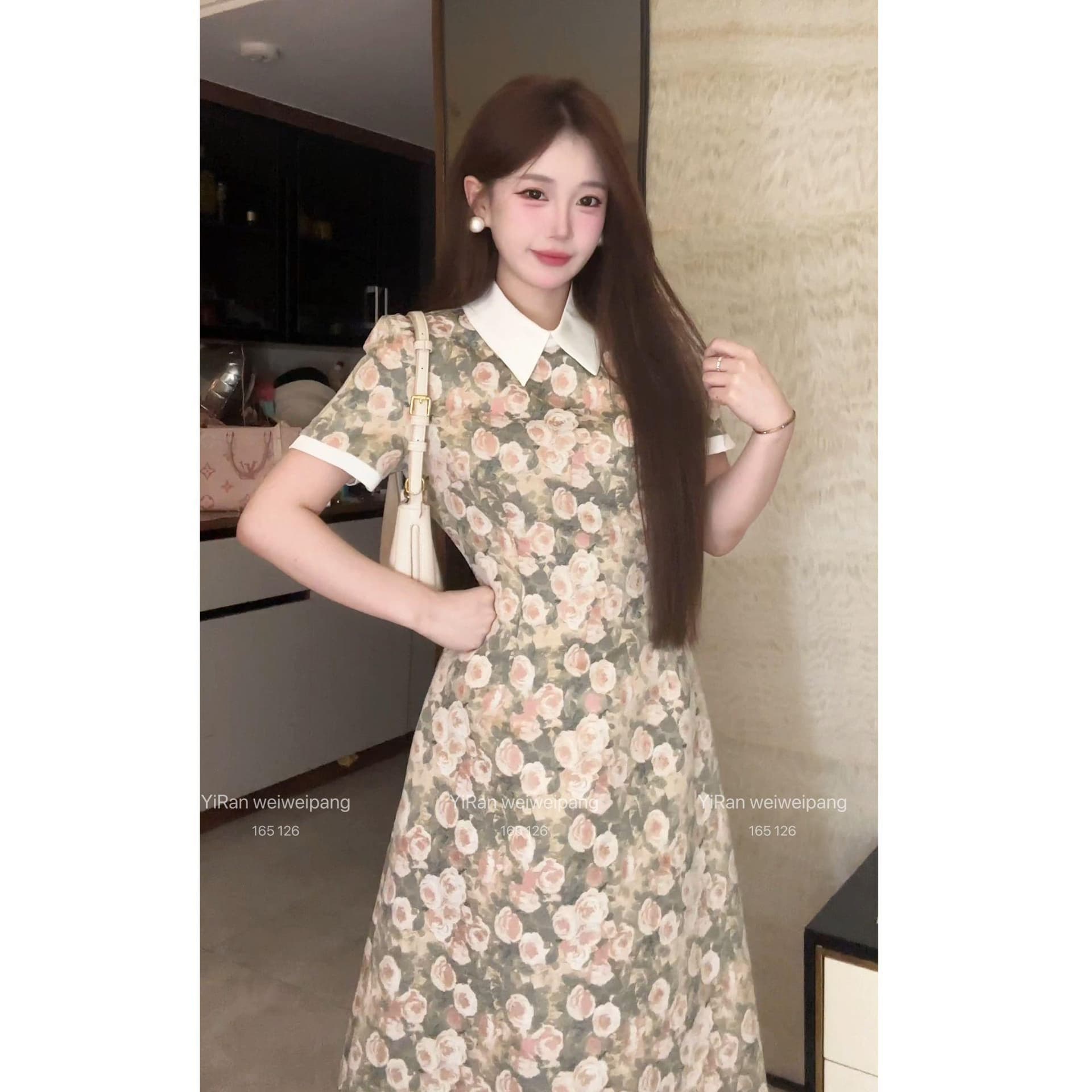 빅 사이즈 여성 의류 장미 유화 레트로 천 골드 부드러운 허리 수축 셔츠 칼라 퍼프 드레스 이미지 2