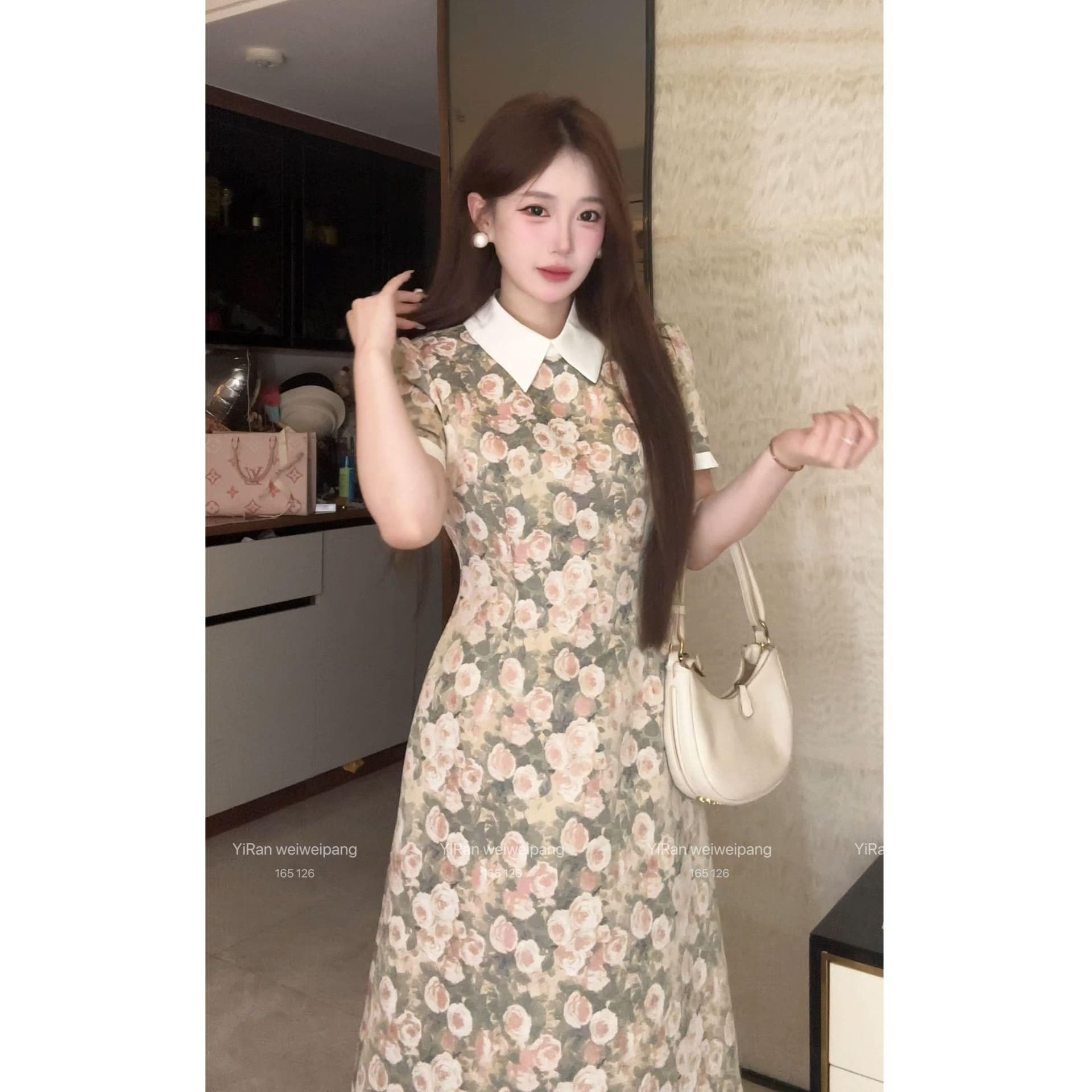 빅 사이즈 여성 의류 장미 유화 레트로 천 골드 부드러운 허리 수축 셔츠 칼라 퍼프 드레스 이미지 4