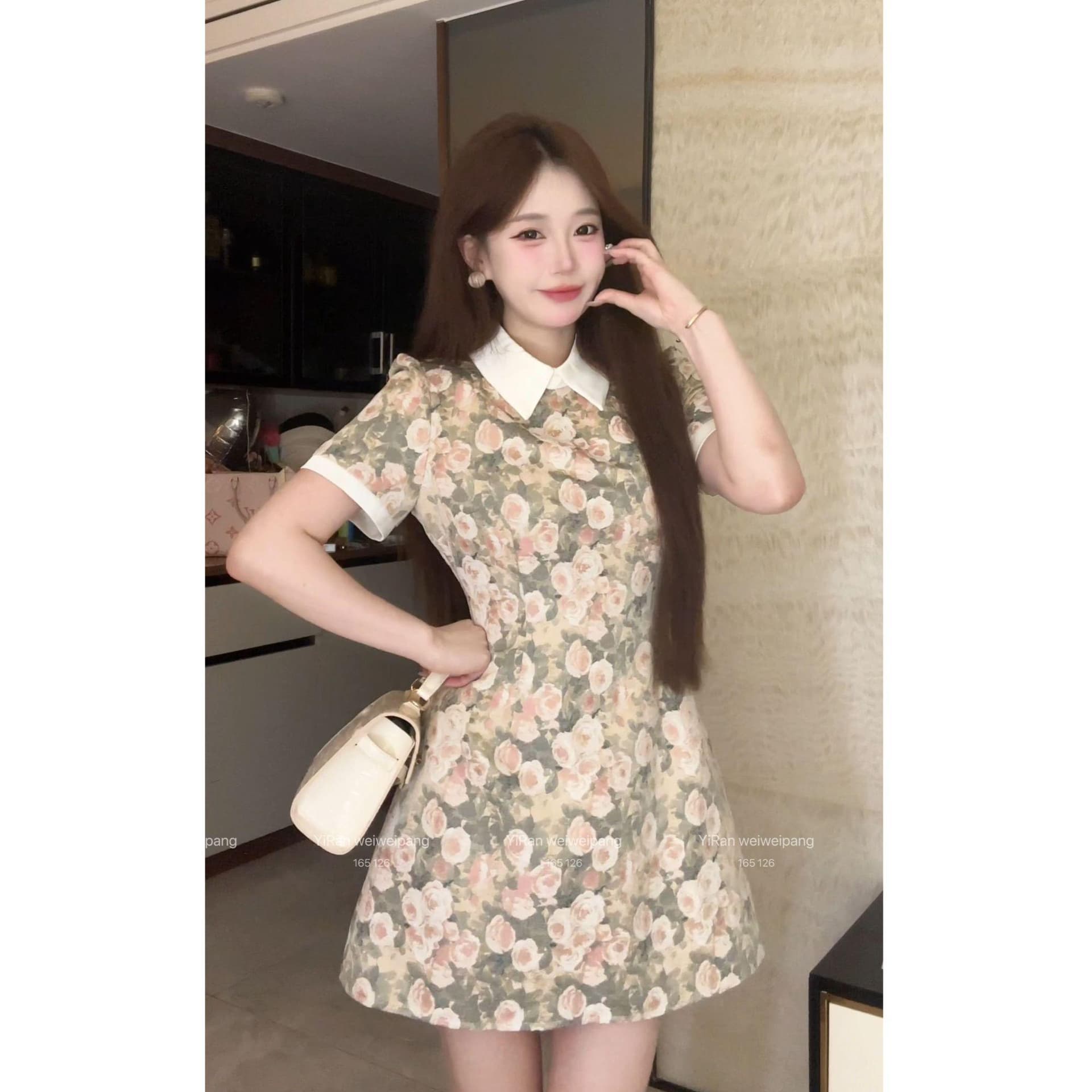 빅 사이즈 여성 의류 장미 유화 레트로 천 골드 부드러운 허리 수축 셔츠 칼라 퍼프 드레스 이미지 3