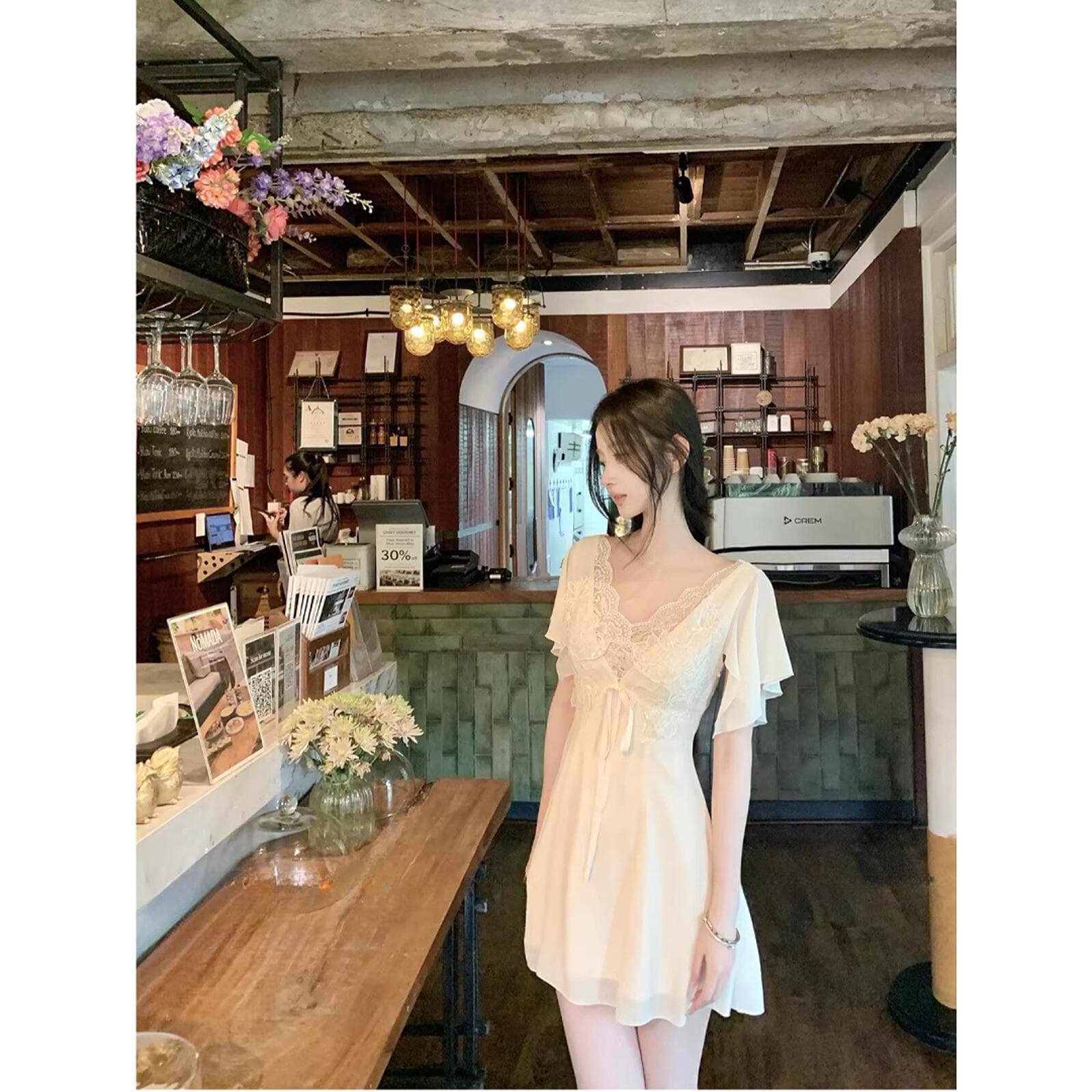 빅 사이즈 여성 의류 자수 레이스 쉬폰 드레스 섹시함 순수한 욕망 바람 반팔 치마 이미지 3