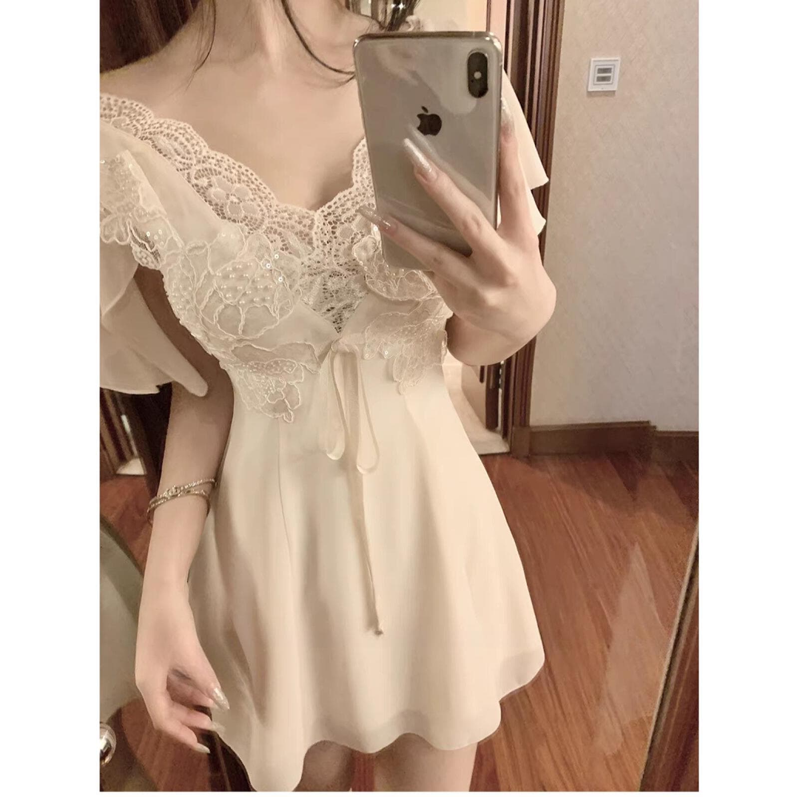 빅 사이즈 여성 의류 자수 레이스 쉬폰 드레스 섹시함 순수한 욕망 바람 반팔 치마 이미지 5