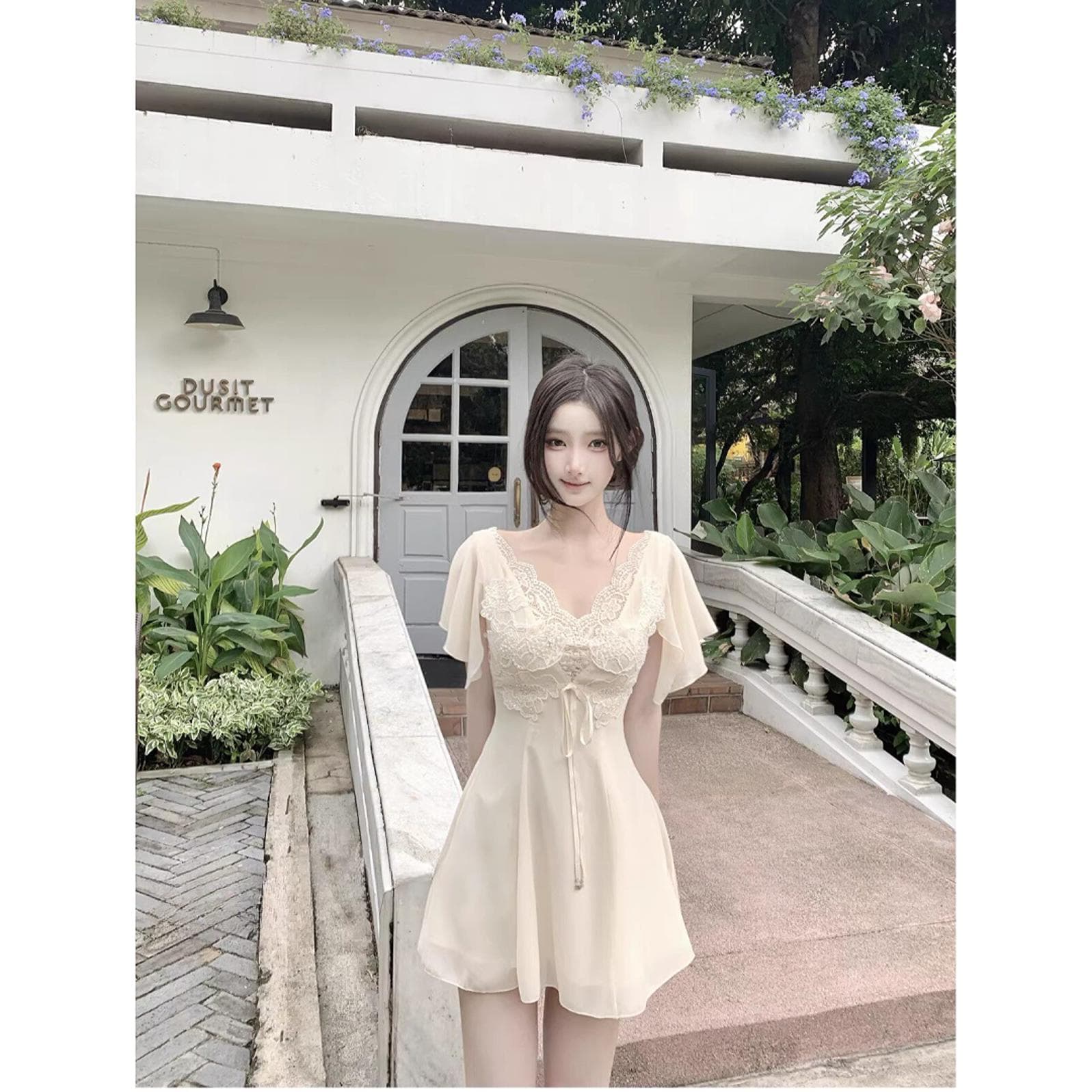 빅 사이즈 여성 의류 자수 레이스 쉬폰 드레스 섹시함 순수한 욕망 바람 반팔 치마 상세 이미지 2