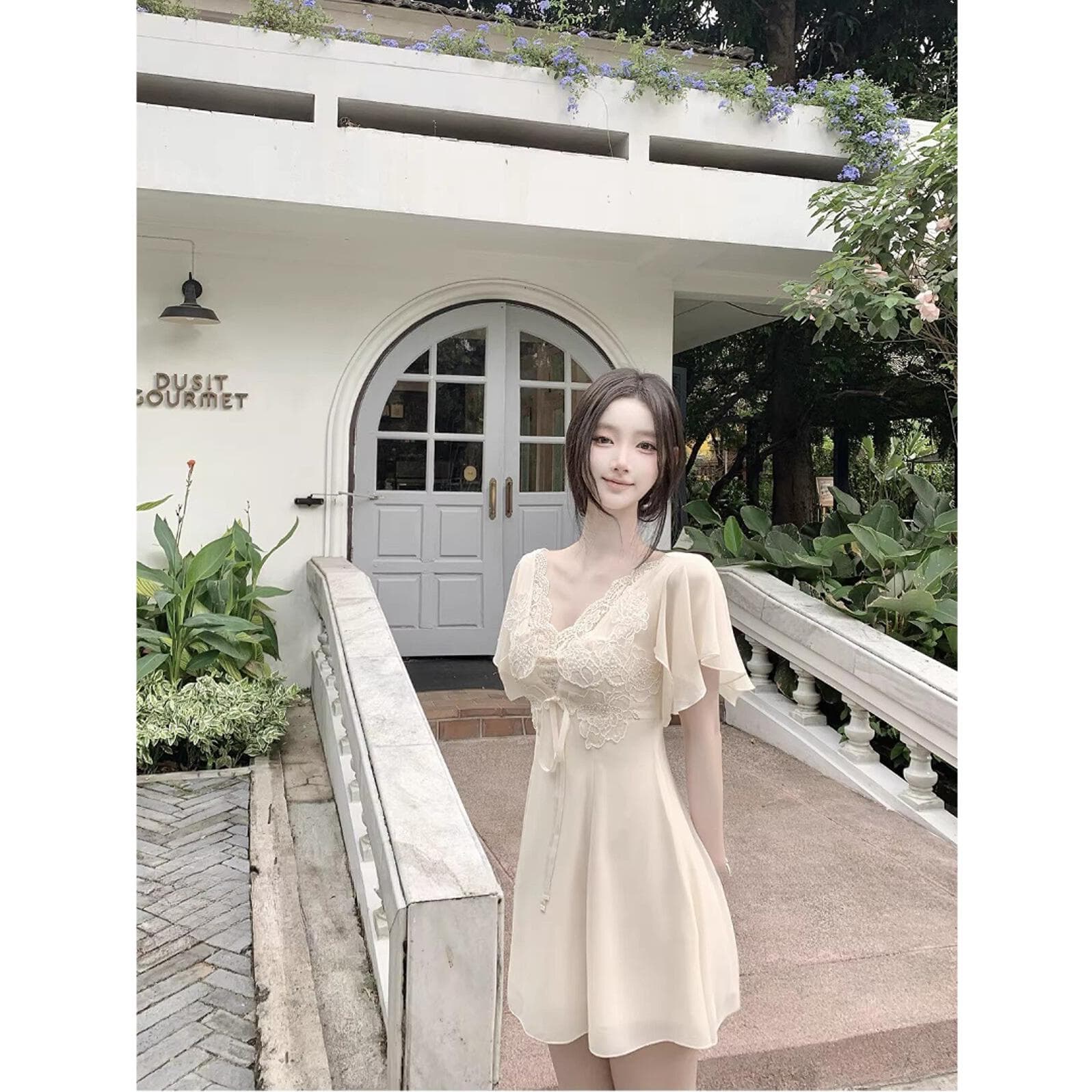 빅 사이즈 여성 의류 자수 레이스 쉬폰 드레스 섹시함 순수한 욕망 바람 반팔 치마 상세 이미지 4