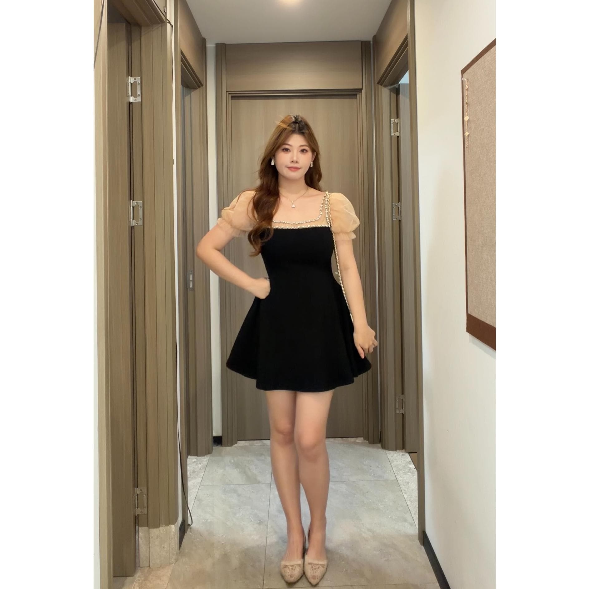 빅 사이즈 여성 의류 공주 바람 프랑스식 빛 럭셔리 비싼 가스 무거운 작업 비즈 박기 거품 소매 드레스 상세 이미지 2