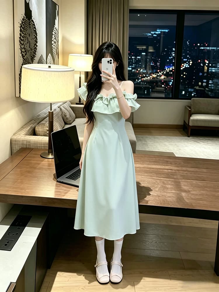빅 사이즈 여성 의류 낭만적 인 기질 몸매 가꾸기 보트넥 디자인 센스 허리 수축 여성 의류 드레스 이미지 3