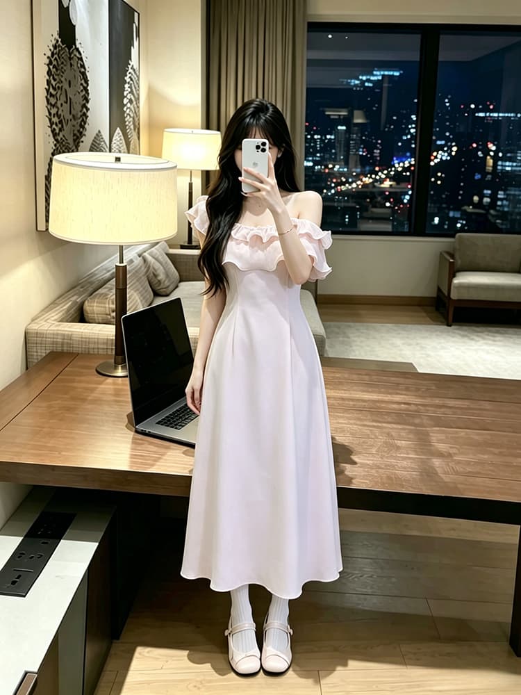 빅 사이즈 여성 의류 낭만적 인 기질 몸매 가꾸기 보트넥 디자인 센스 허리 수축 여성 의류 드레스 상세 이미지 6
