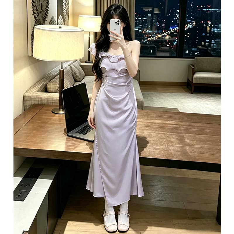 빅 사이즈 여성 의류 순수한 욕망 바람 오프숄더 새틴 인어 꼬리 드레스 하나 치마 기타 착용 치마 이미지 3