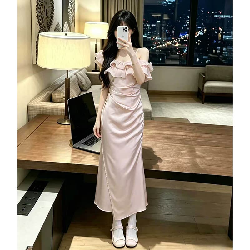 빅 사이즈 여성 의류 순수한 욕망 바람 오프숄더 새틴 인어 꼬리 드레스 하나 치마 기타 착용 치마 상세 이미지 2