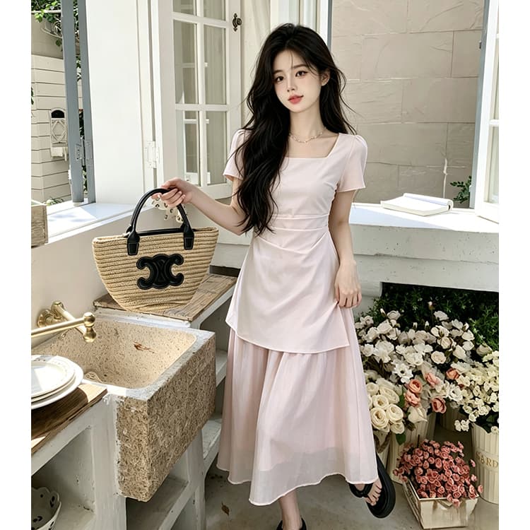 빅 사이즈 여성 의류 품격 부드러운 바람 프랑스식 여름 허리 수축 슬림해 보이는 반팔 광장 칼라 드레스