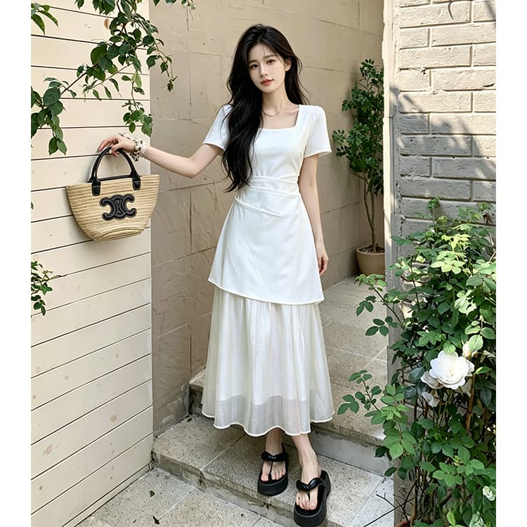 빅 사이즈 여성 의류 품격 부드러운 바람 프랑스식 여름 허리 수축 슬림해 보이는 반팔 광장 칼라 드레스 상세 이미지 2