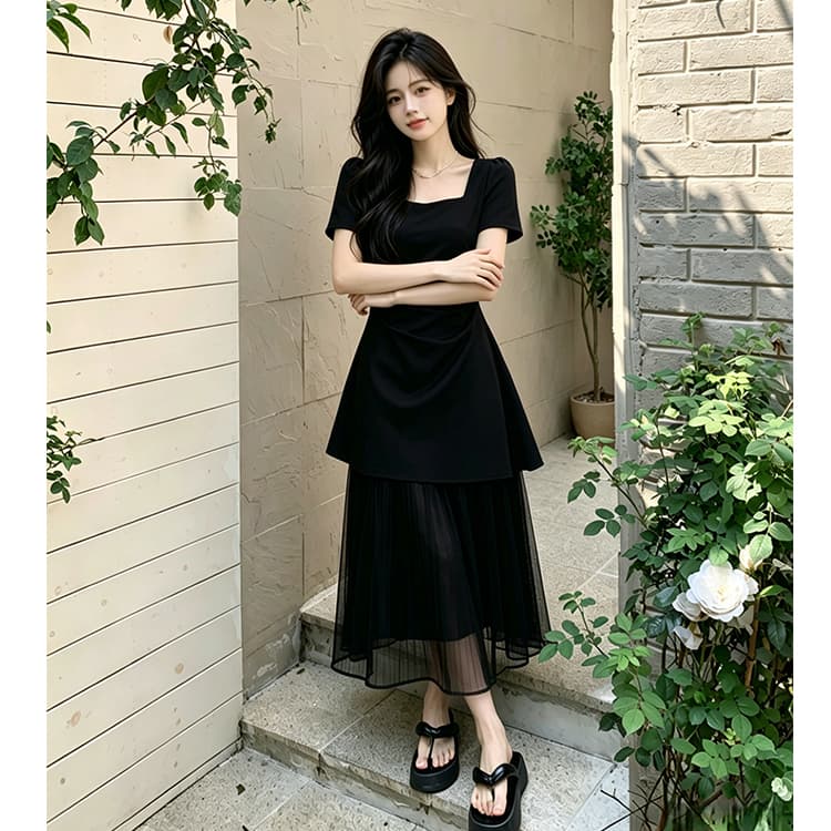 빅 사이즈 여성 의류 품격 부드러운 바람 프랑스식 여름 허리 수축 슬림해 보이는 반팔 광장 칼라 드레스 상세 이미지 4
