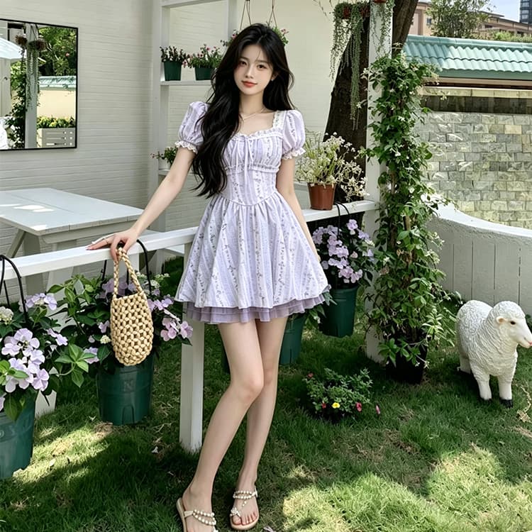 빅 사이즈 여성 의류 여름 프랑스식 꽃무늬 달콤함 꽃밭 치마 소녀 공주 점프 슈트 치마 상세 이미지 3