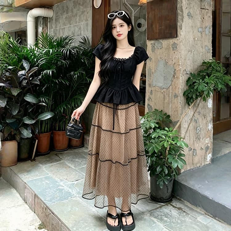 빅 사이즈 여성 의류 여름 소녀 바람 단색 광장 칼라 맨위 한 마디 허리 수축 도트 무늬 반신 스커트